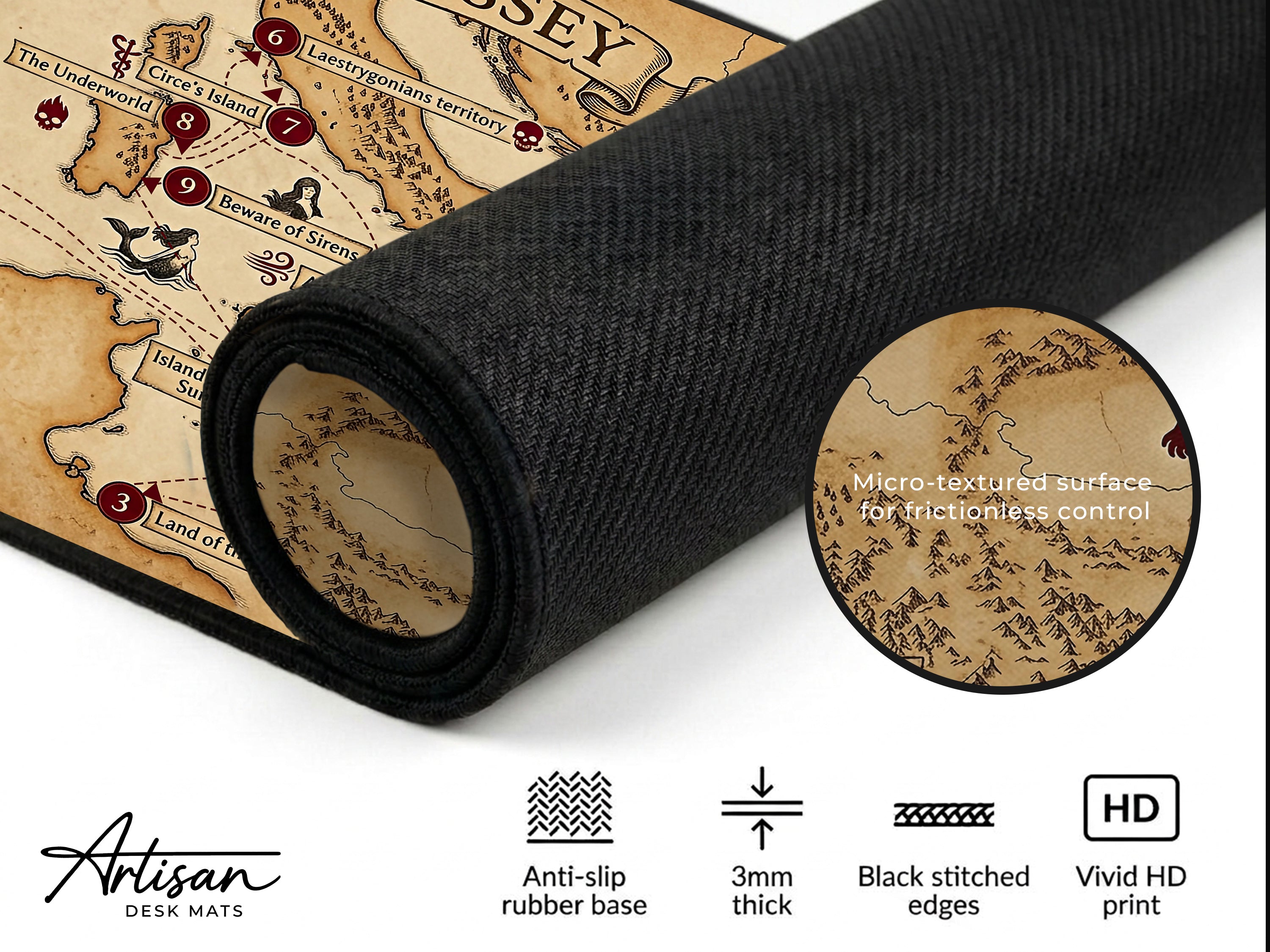 Odyssey Map Desk Mat — Vintage Greek Mythology Gaming/Office Mouse Pad