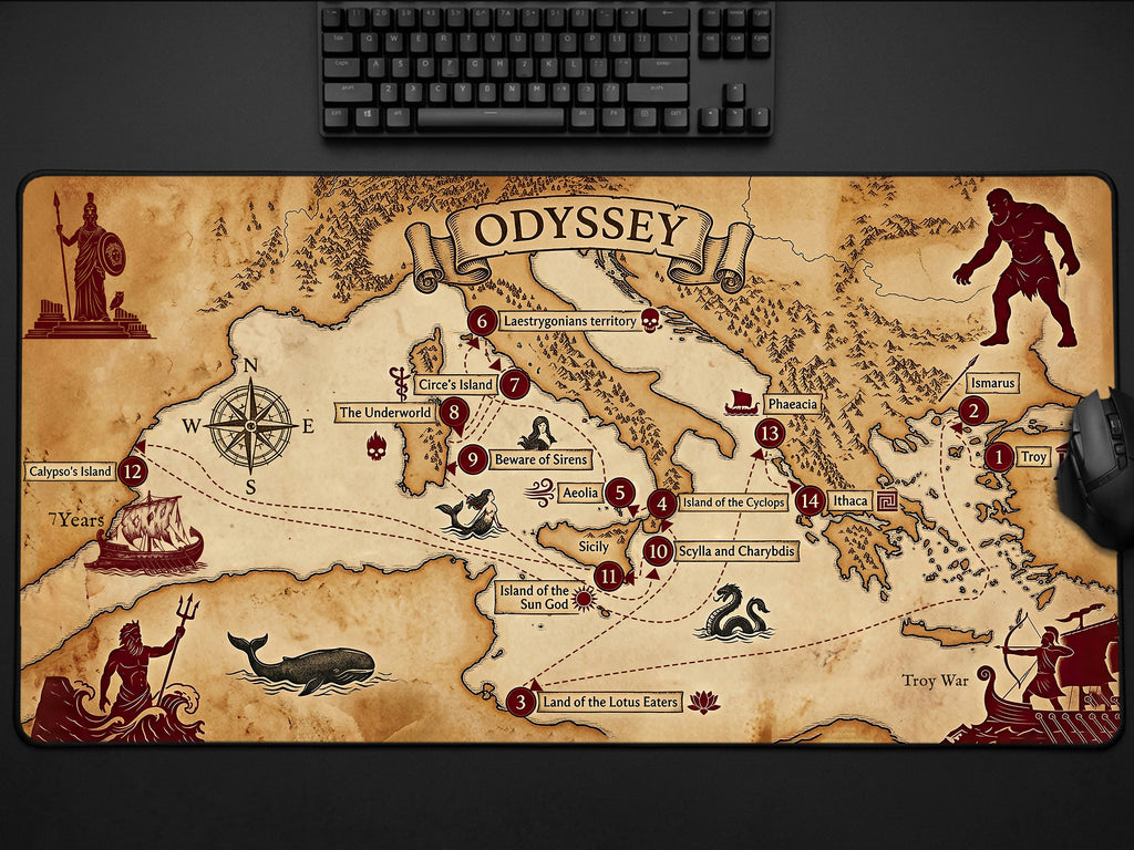Odyssey Map Desk Mat — Vintage Greek Mythology Gaming/Office Mouse Pad