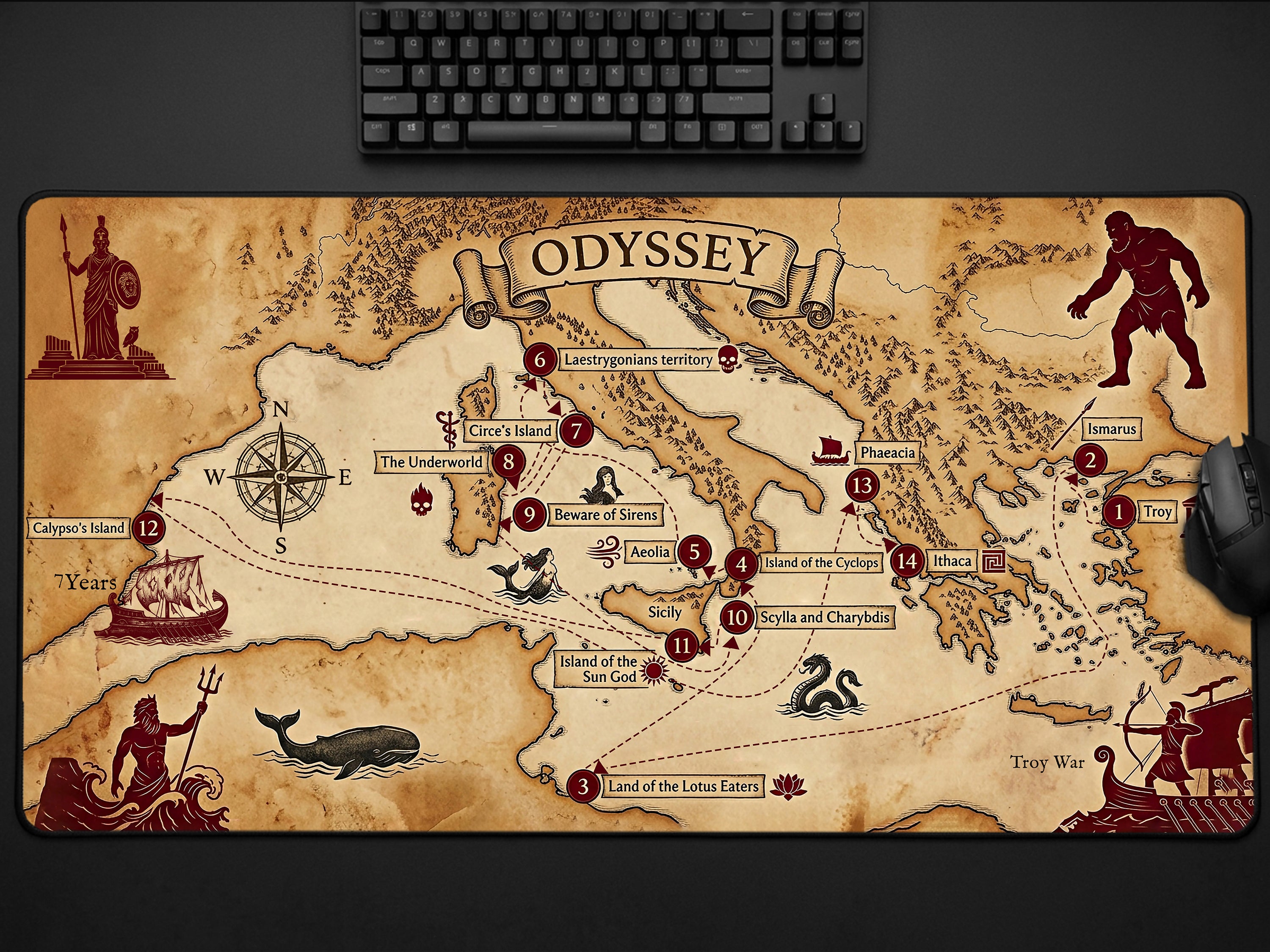 Odyssey Map Desk Mat — Vintage Greek Mythology Gaming/Office Mouse Pad