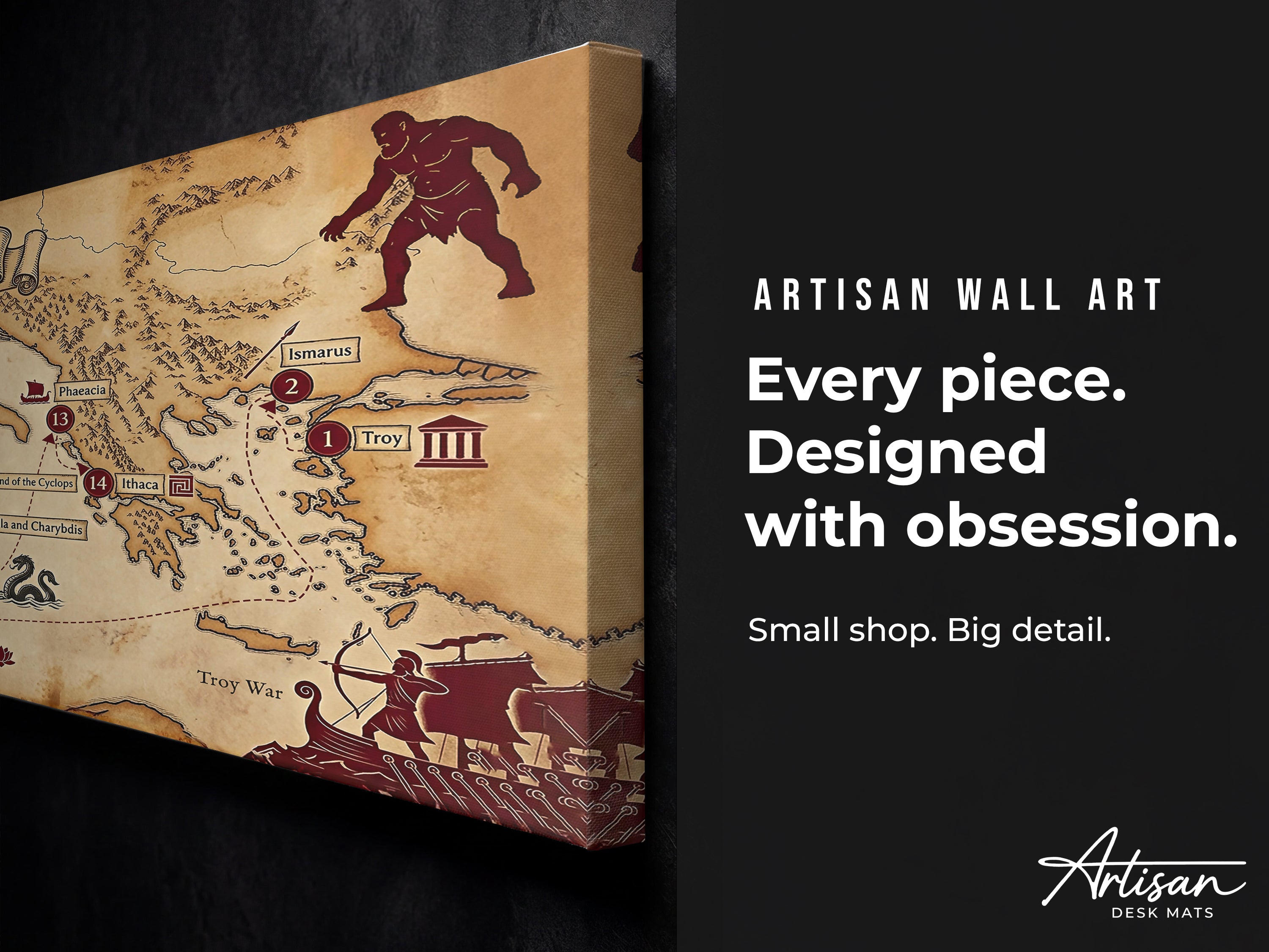 Odyssey Map Canvas Wall Art, Ancient Greek Mythology Map Print, Stretched Canvas Ready to Hang