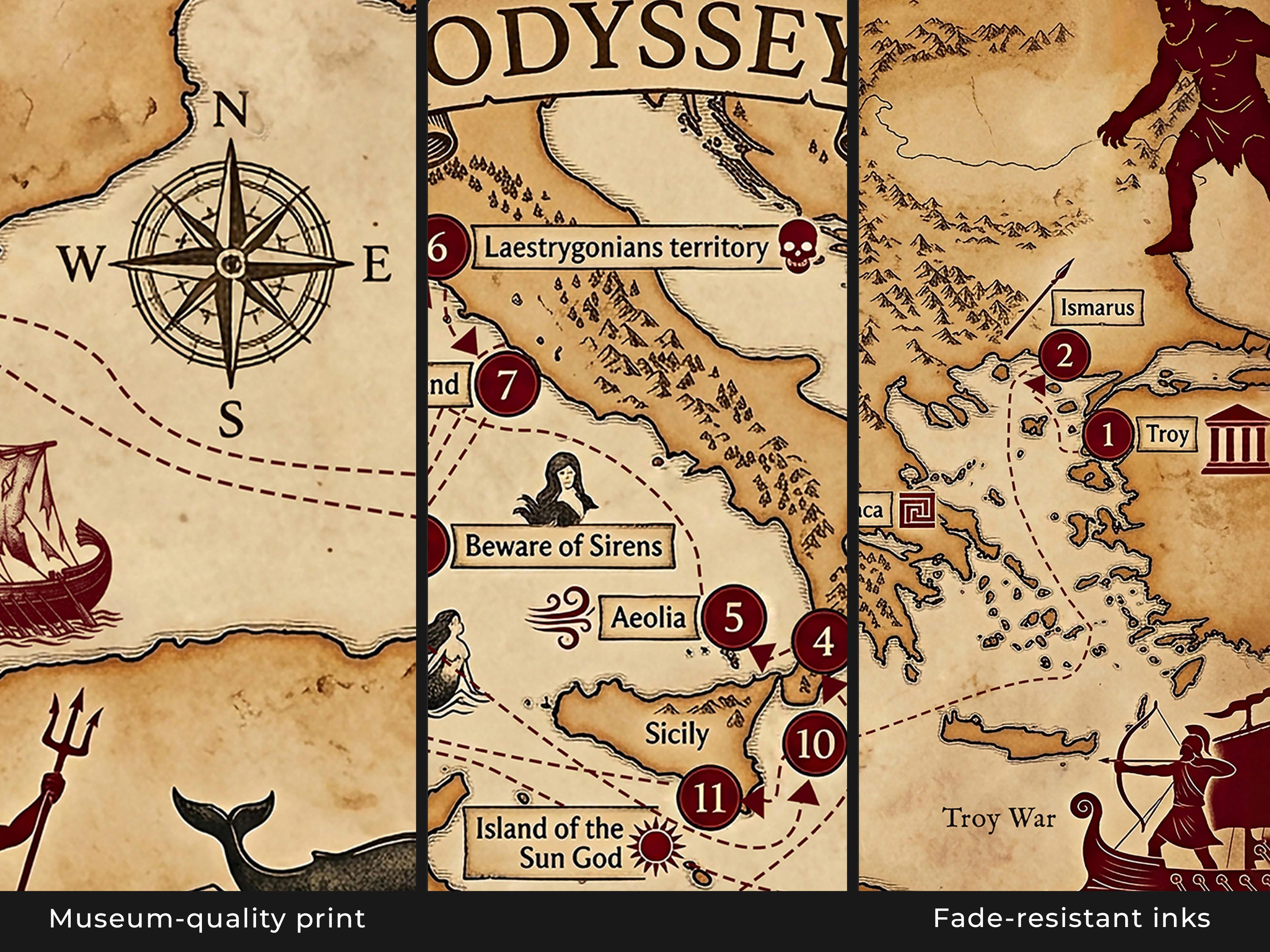 Odyssey Map Canvas Wall Art, Ancient Greek Mythology Map Print, Stretched Canvas Ready to Hang