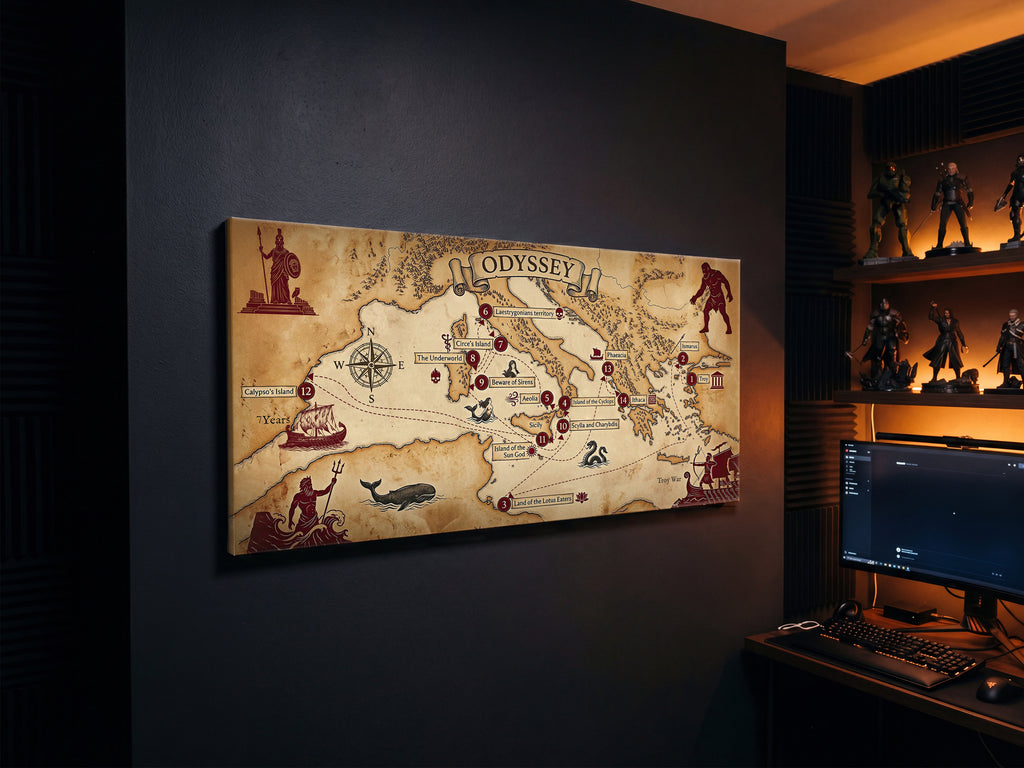 Odyssey Map Canvas Wall Art, Ancient Greek Mythology Map Print, Stretched Canvas Ready to Hang