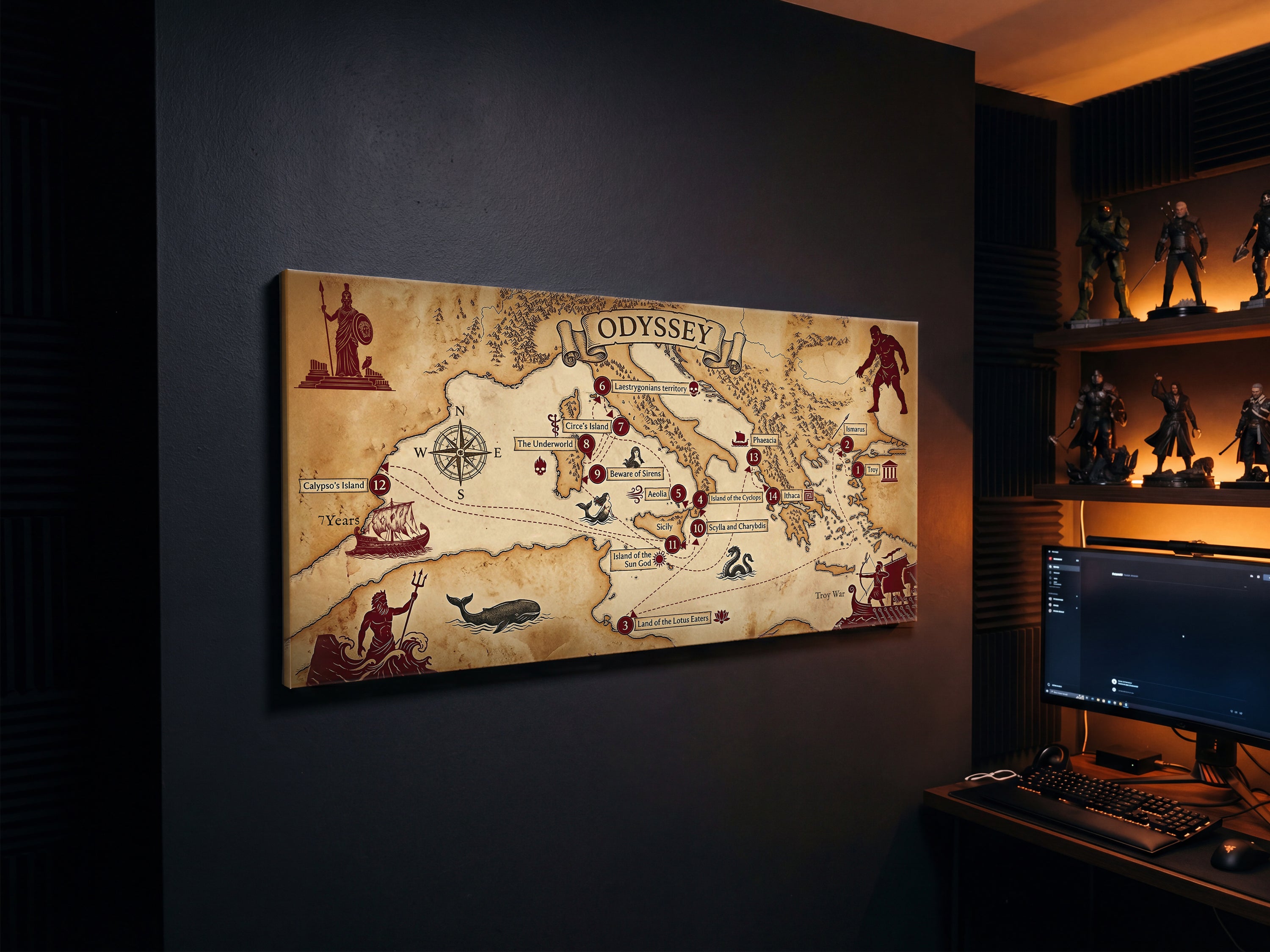 Odyssey Map Canvas Wall Art, Ancient Greek Mythology Map Print, Stretched Canvas Ready to Hang