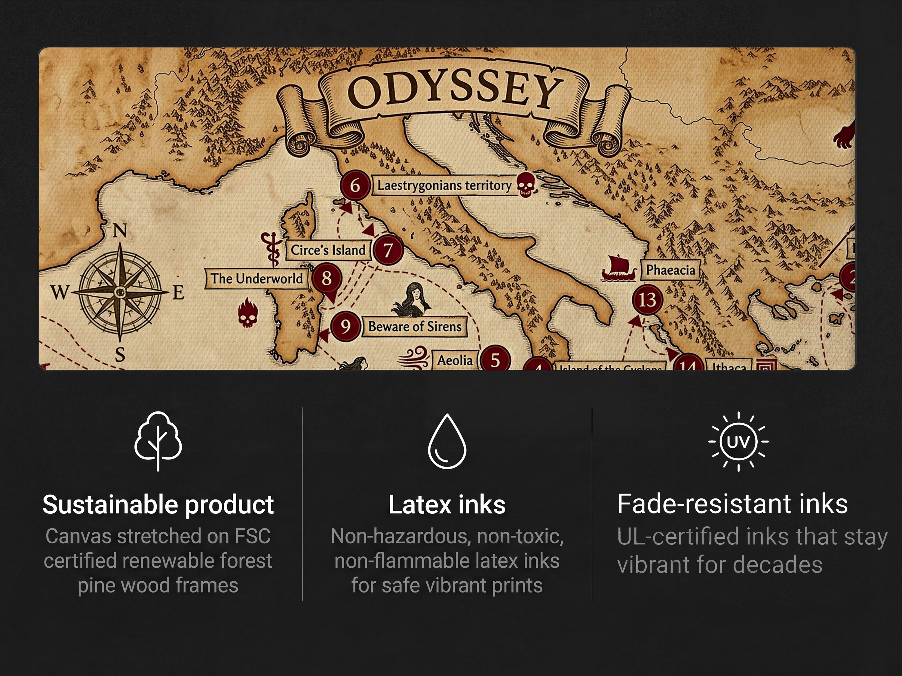 Odyssey Map Canvas Wall Art, Ancient Greek Mythology Map Print, Stretched Canvas Ready to Hang