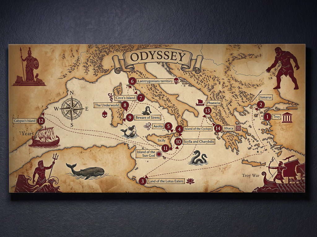 Odyssey Map Canvas Wall Art, Ancient Greek Mythology Map Print, Stretched Canvas Ready to Hang