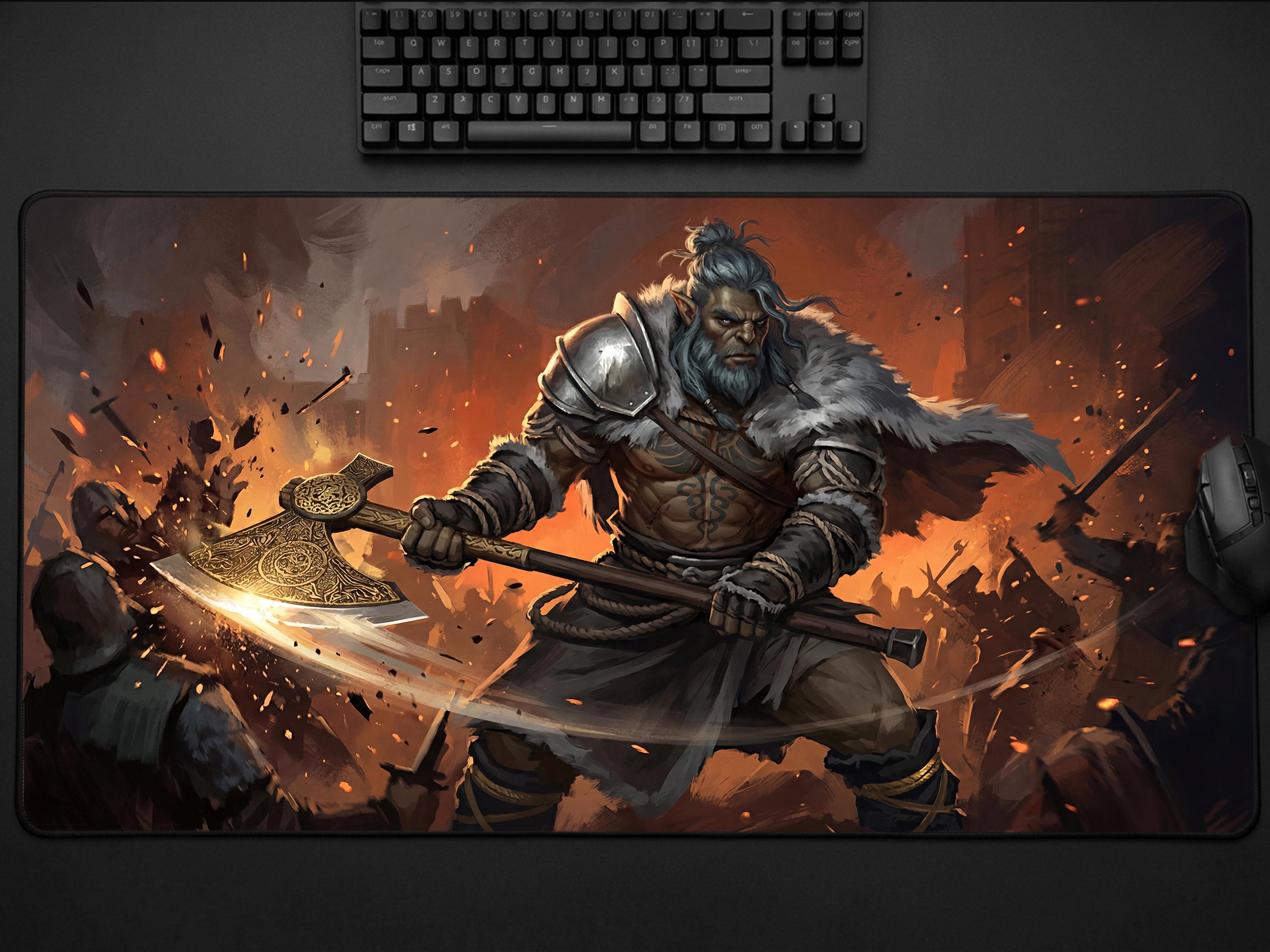Oongka Desk Mat, Crimson Desert Gaming Mousepad XL Neoprene, Dark Fantasy Orc Warrior Art