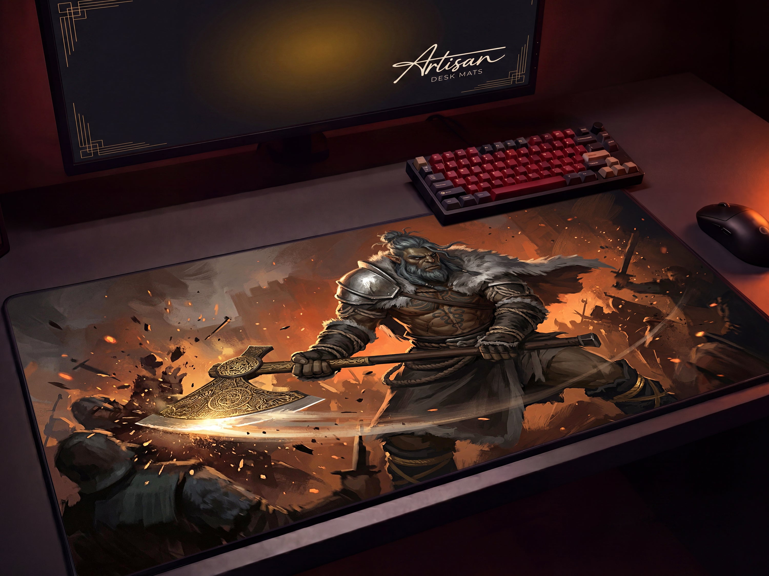 Oongka Desk Mat, Crimson Desert Gaming Mousepad XL Neoprene, Dark Fantasy Orc Warrior Art