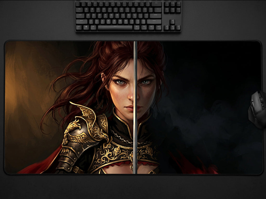 Damiane Desk Mat, Crimson Desert Gaming Mousepad XL Neoprene, Dark Fantasy Rapier Duelist