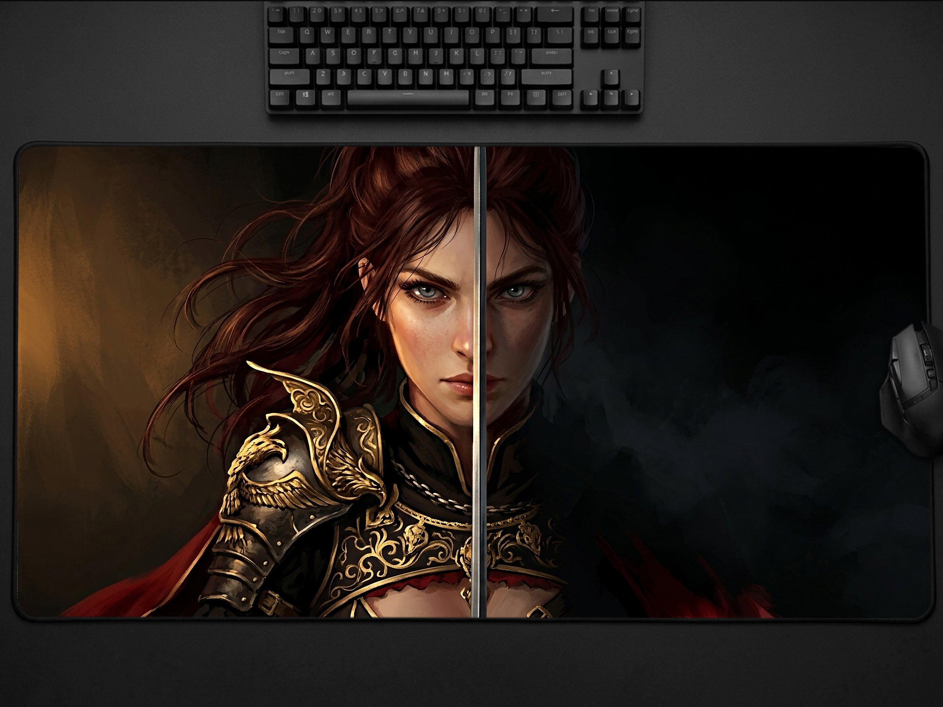 Damiane Desk Mat, Crimson Desert Gaming Mousepad XL Neoprene, Dark Fantasy Rapier Duelist