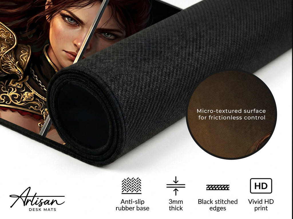 Damiane Desk Mat, Crimson Desert Gaming Mousepad XL Neoprene, Dark Fantasy Rapier Duelist