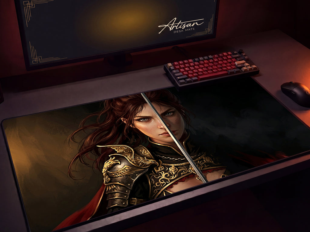 Damiane Desk Mat, Crimson Desert Gaming Mousepad XL Neoprene, Dark Fantasy Rapier Duelist
