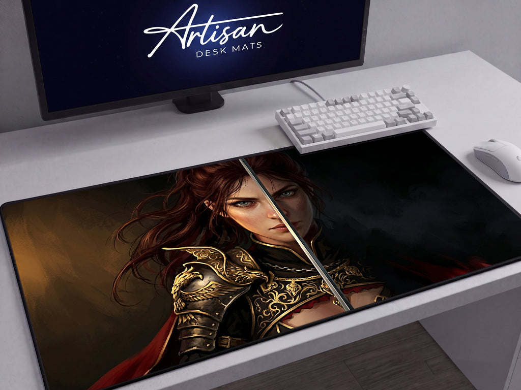 Damiane Desk Mat, Crimson Desert Gaming Mousepad XL Neoprene, Dark Fantasy Rapier Duelist