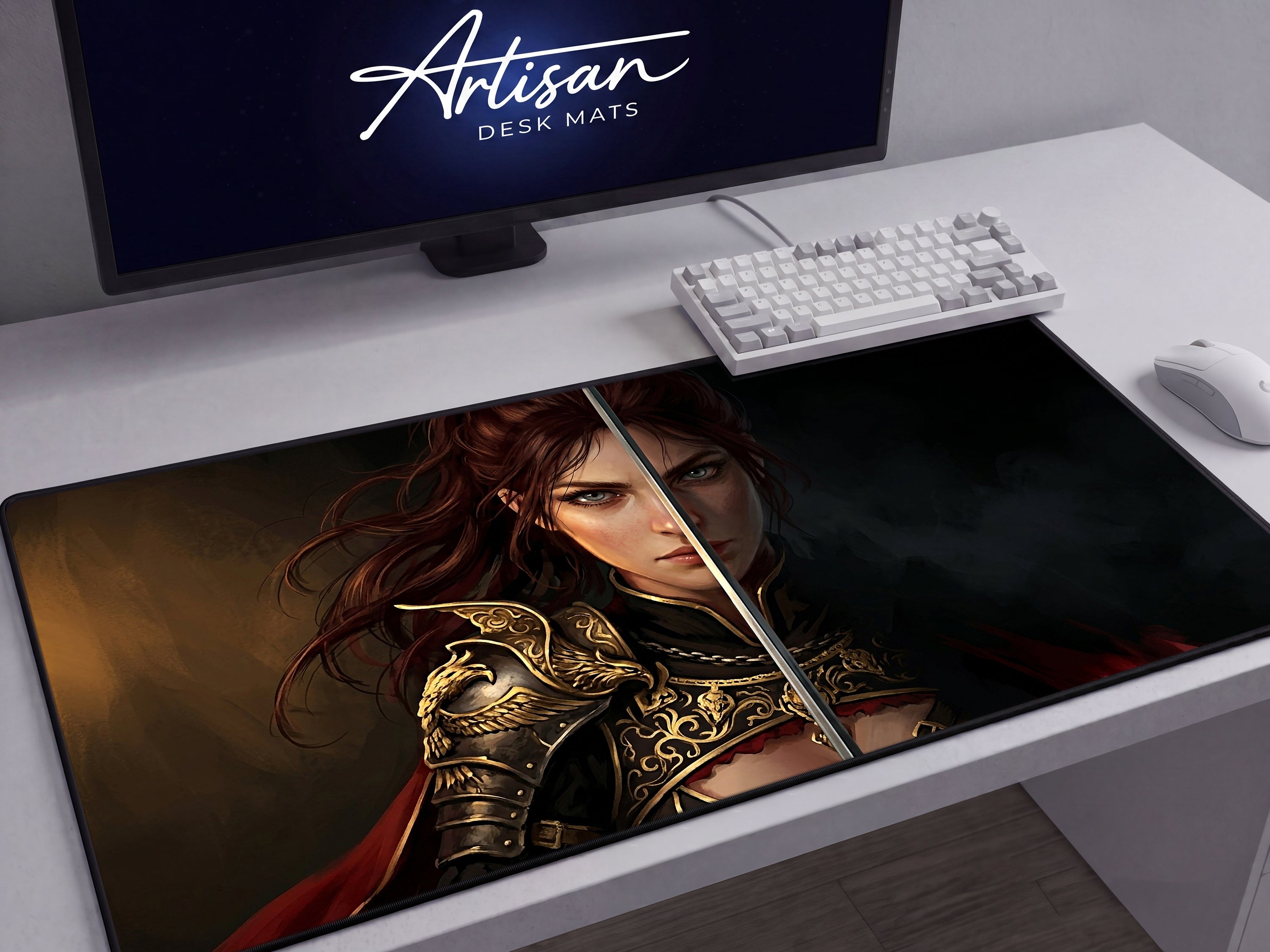 Damiane Desk Mat, Crimson Desert Gaming Mousepad XL Neoprene, Dark Fantasy Rapier Duelist
