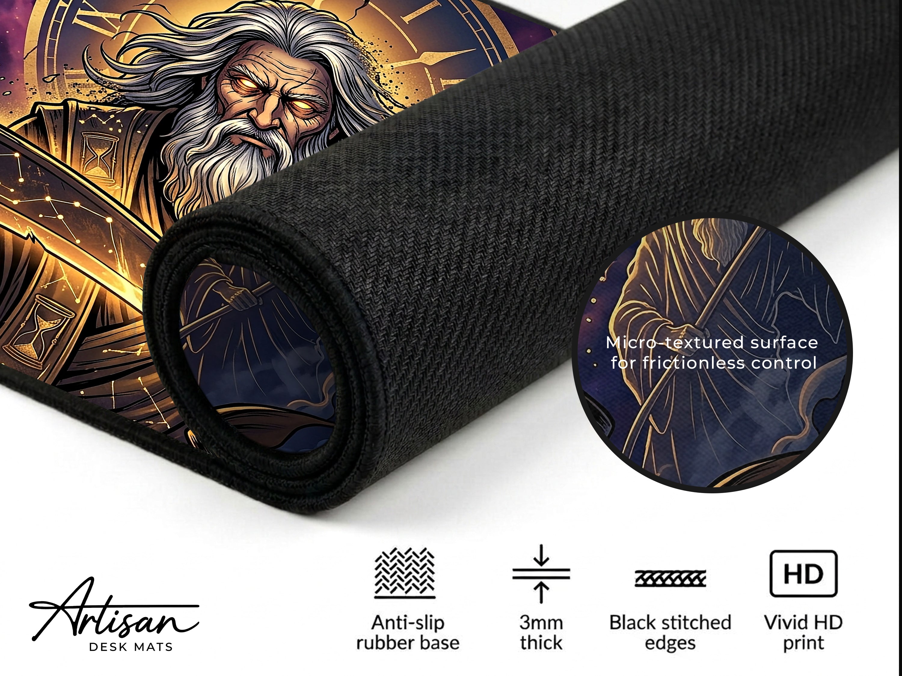 Chronos Desk Mat, Greek Mythology Gaming Mousepad, XL Neoprene Dark Fantasy God of Time