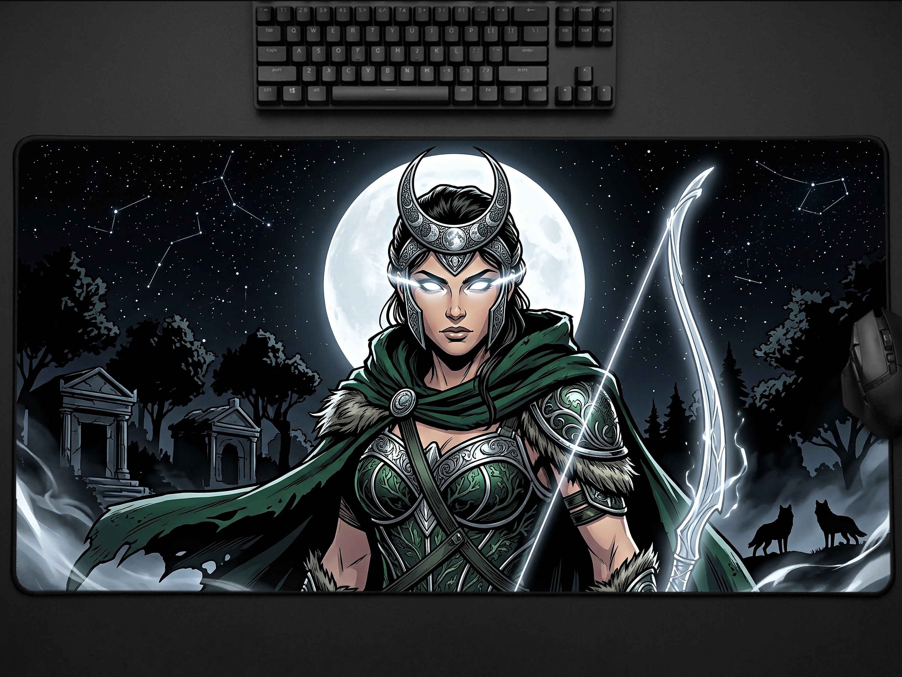 Artemis Desk Mat, Greek Goddess Mythology Mousepad, XL Neoprene Dark Fantasy