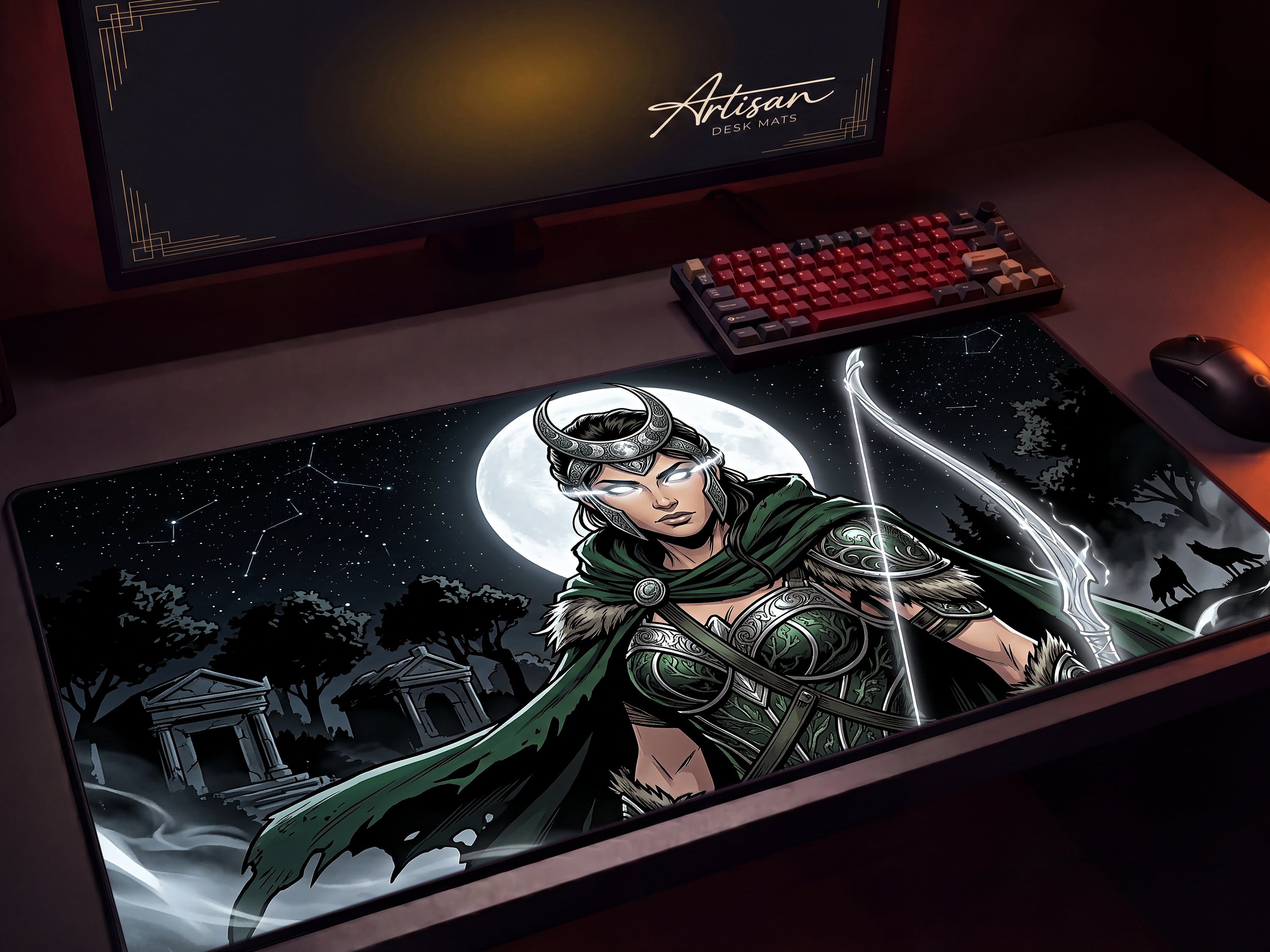 Artemis Desk Mat, Greek Goddess Mythology Mousepad, XL Neoprene Dark Fantasy