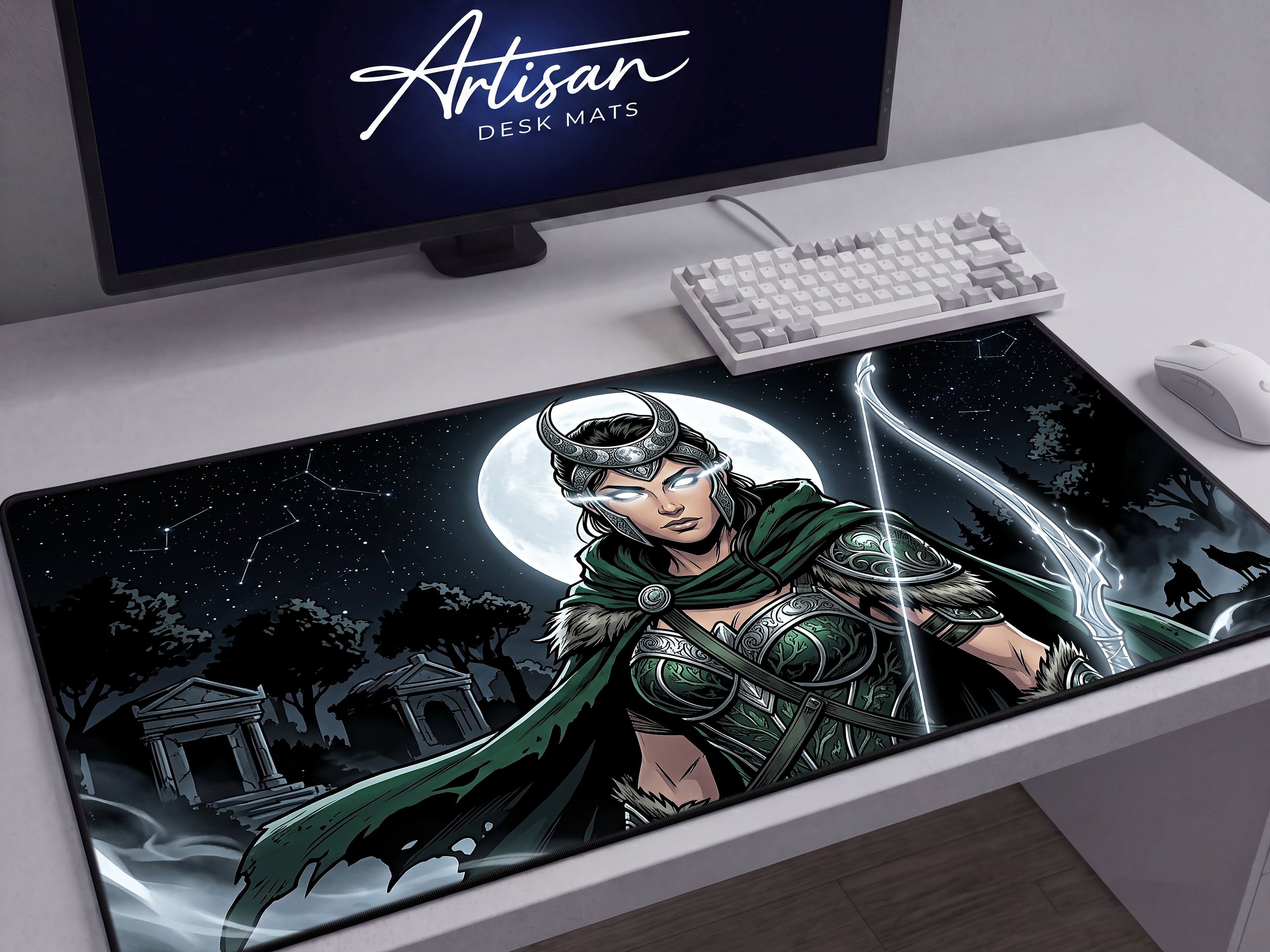Artemis Desk Mat, Greek Goddess Mythology Mousepad, XL Neoprene Dark Fantasy