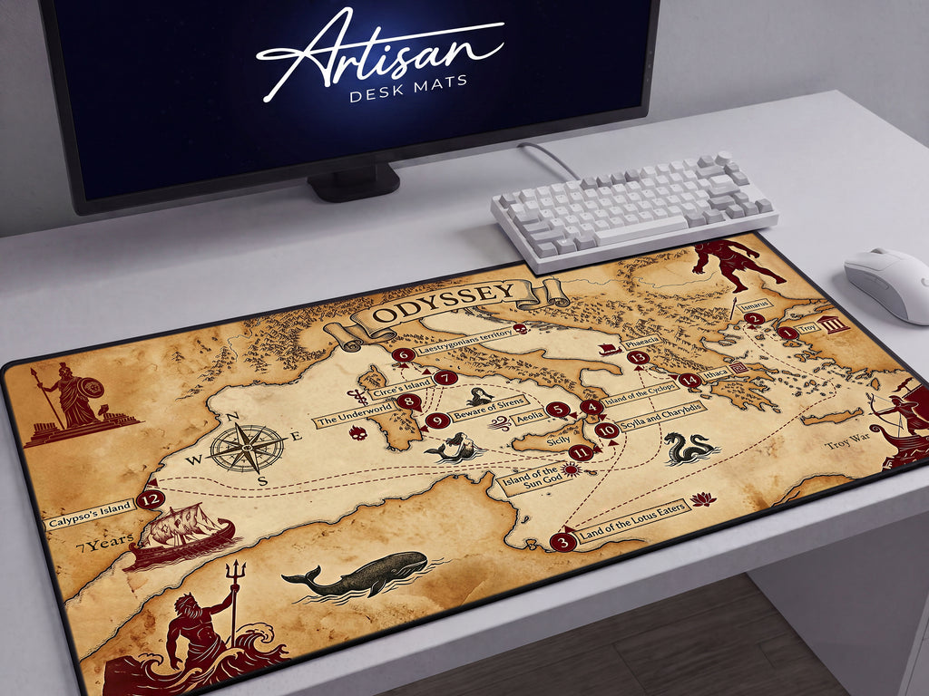 Odyssey Map Desk Mat, Ancient Greek Mythology Mousepad, XL Neoprene Dark Fantasy