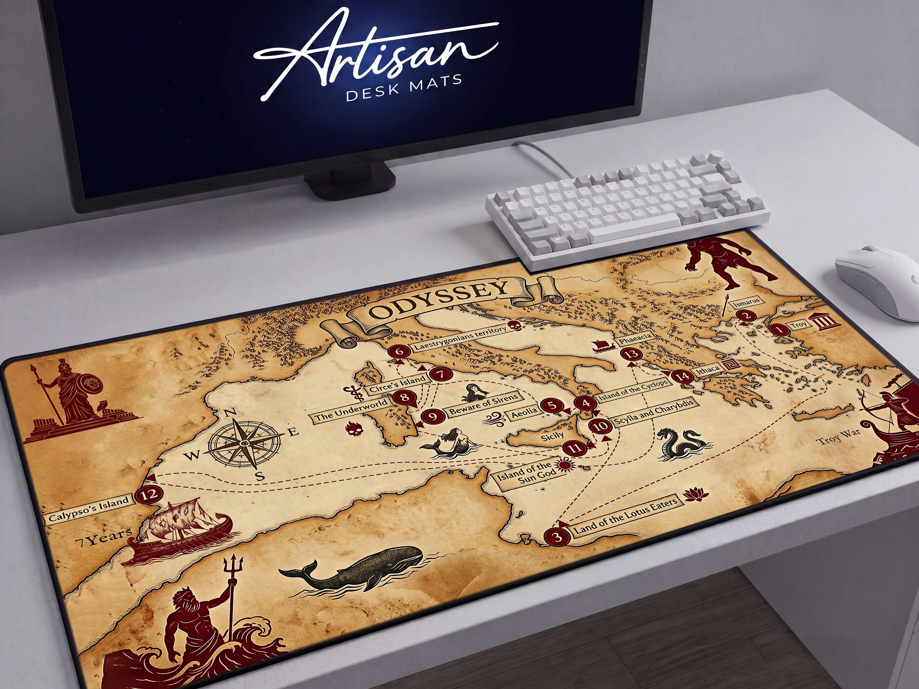 Odyssey Map Desk Mat, Ancient Greek Mythology Mousepad, XL Neoprene Dark Fantasy