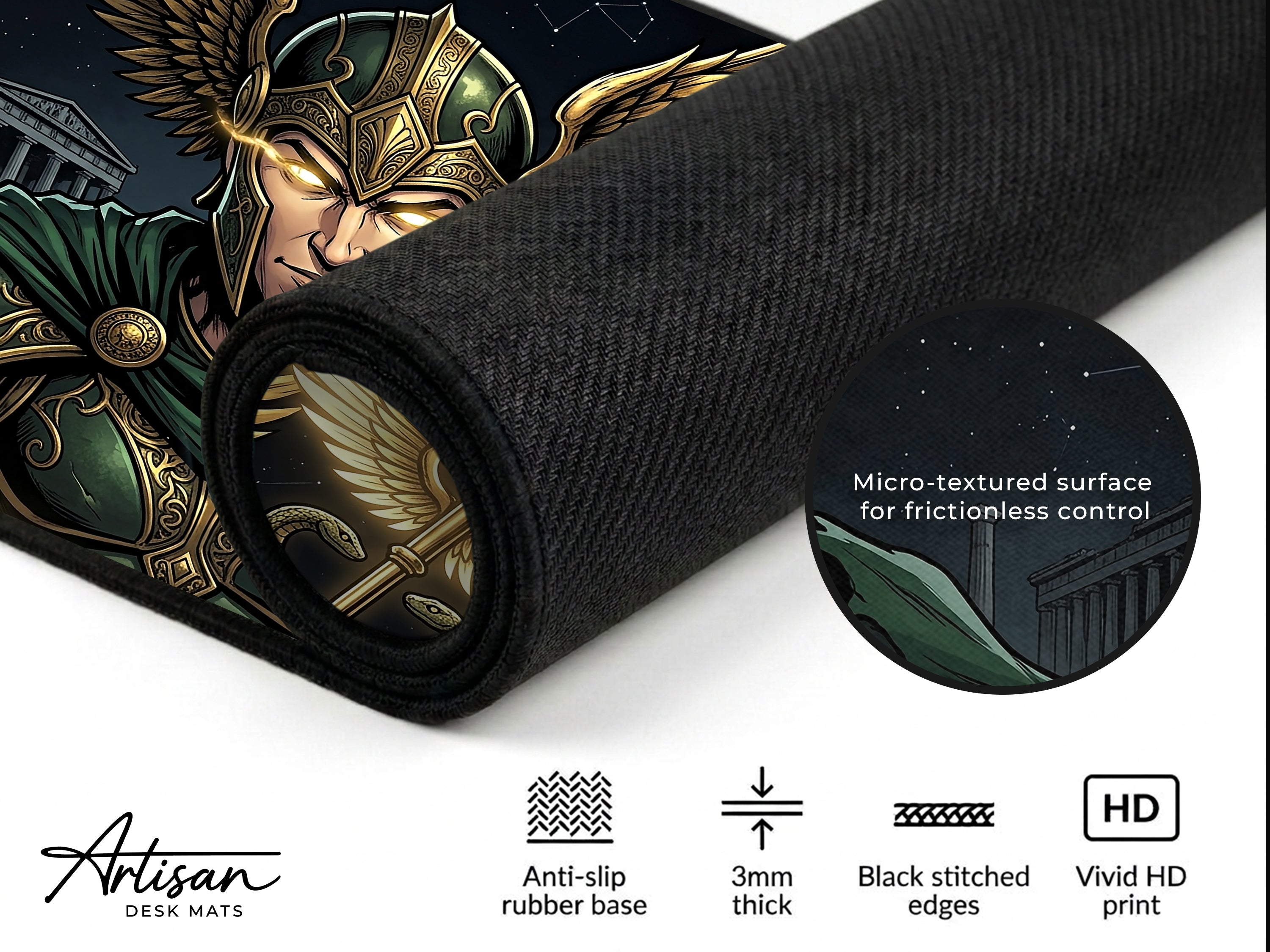Hermes Desk Mat, Greek Mythology Mousepad, XL Neoprene Gaming Mat, Messenger of the Gods