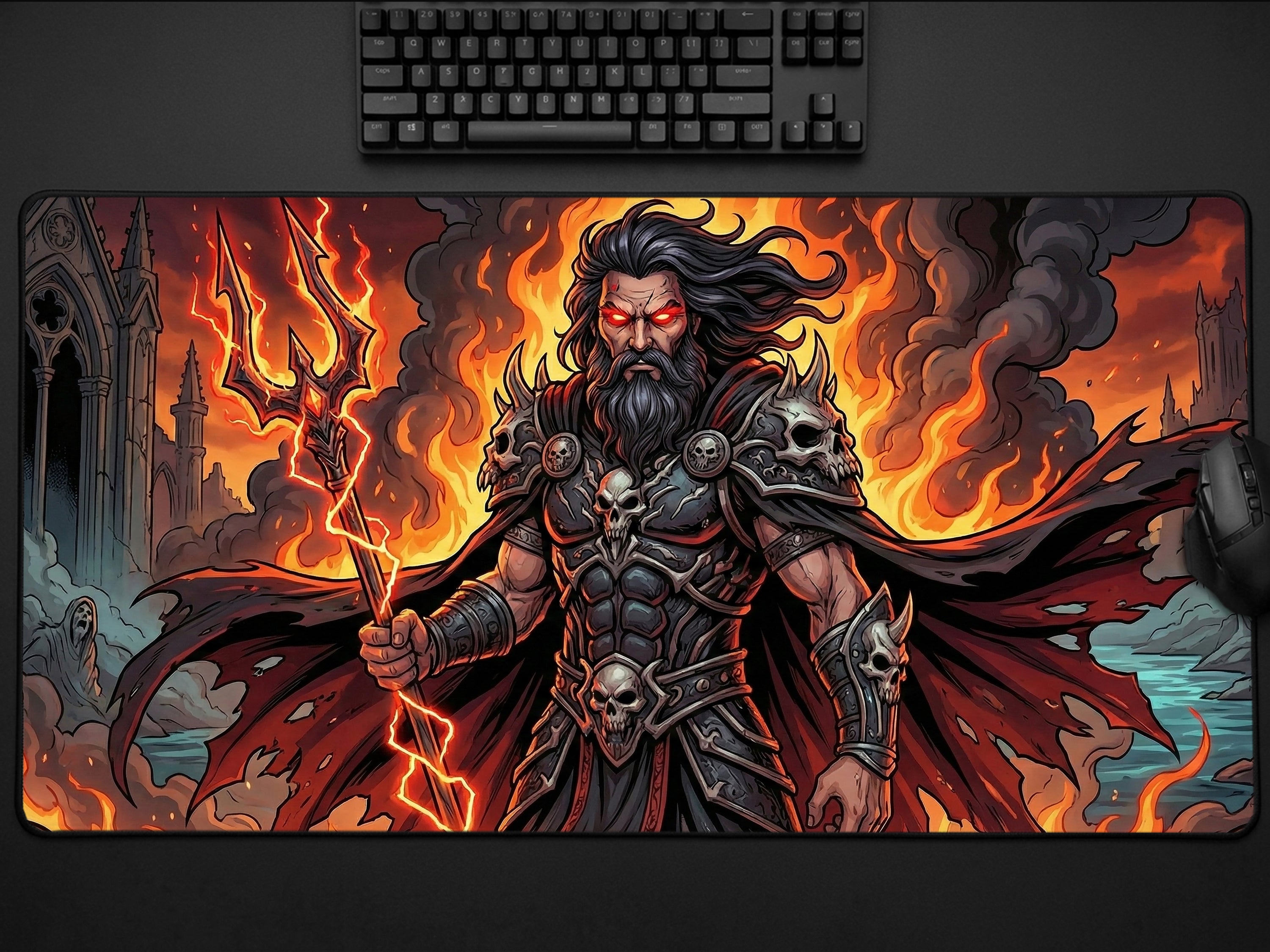 Hades Desk Mat for Dark Fantasy Gaming Setup ,Greek God of the Underworld Mousepad, Mythology Desk Accessory and Dark Gift for Gamers