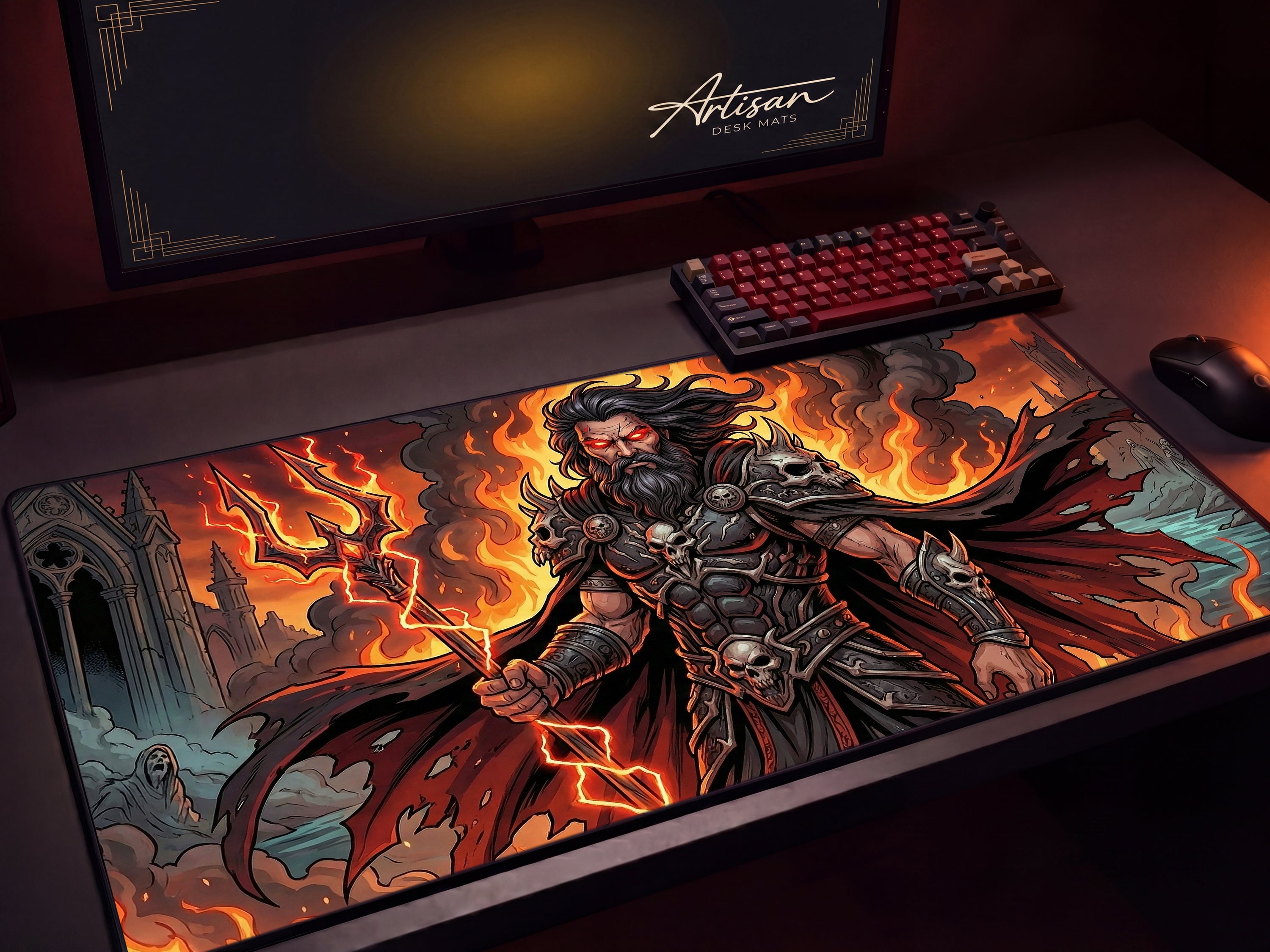 Hades Desk Mat for Dark Fantasy Gaming Setup ,Greek God of the Underworld Mousepad, Mythology Desk Accessory and Dark Gift for Gamers