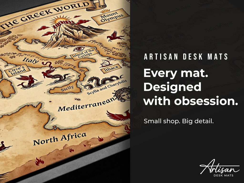 Greek Mythology Map Desk Mat, Ancient World Antique Mousepad, Dark Academia XL