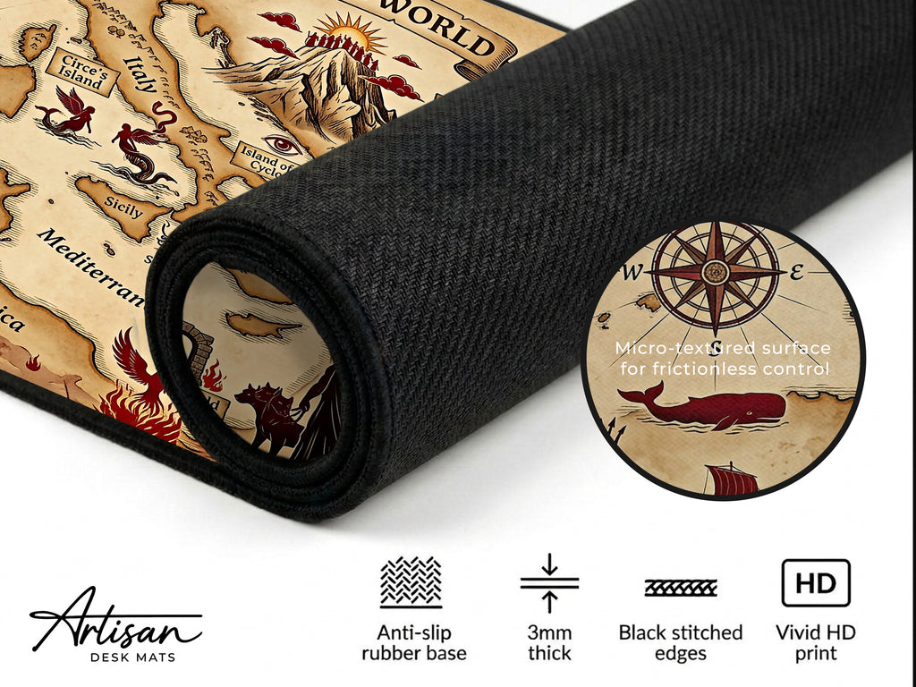 Greek Mythology Map Desk Mat, Ancient World Antique Mousepad, Dark Academia XL