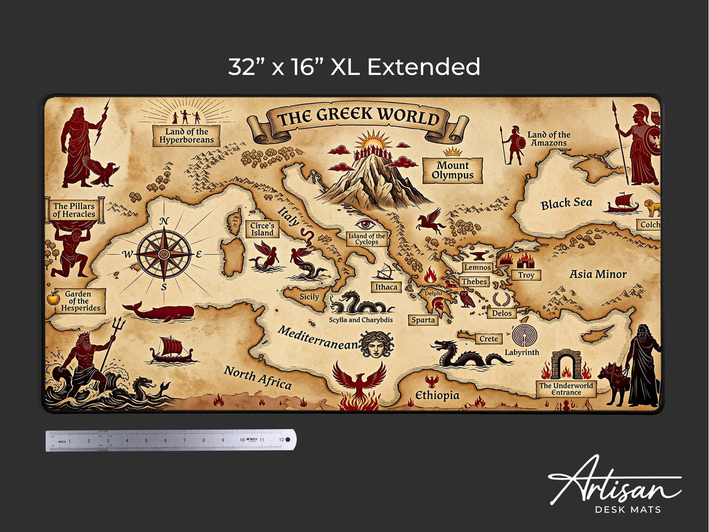 Greek Mythology Map Desk Mat, Ancient World Antique Mousepad, Dark Academia XL