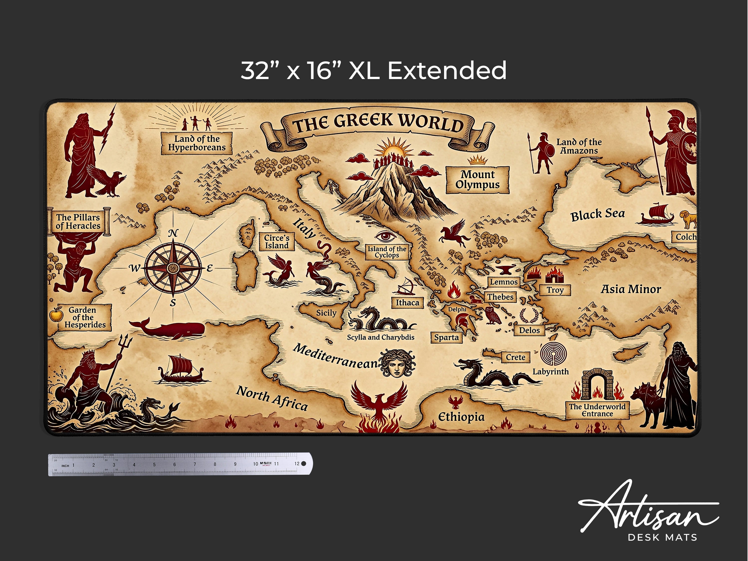 Greek Mythology Map Desk Mat, Ancient World Antique Mousepad, Dark Academia XL