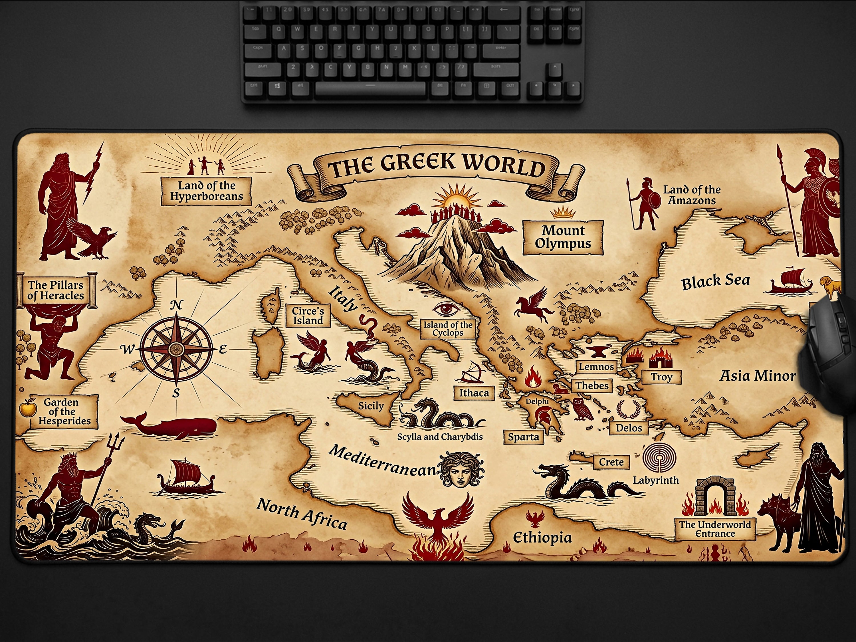 Greek Mythology Map Desk Mat, Ancient World Antique Mousepad, Dark Academia XL