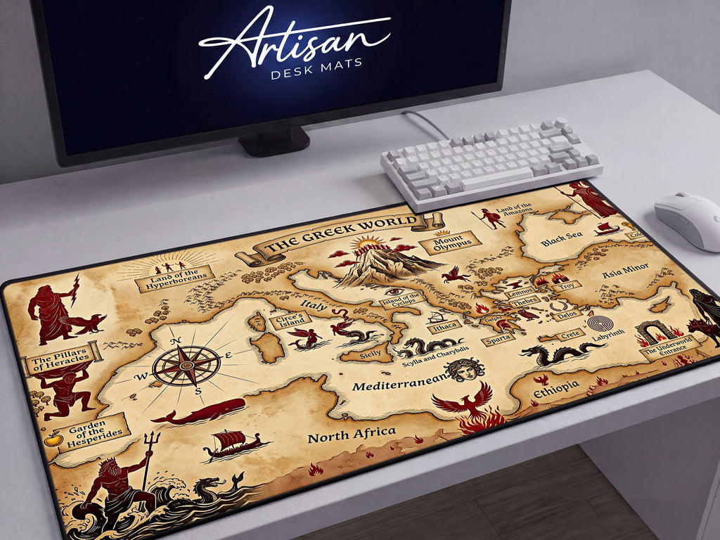 Greek Mythology Map Desk Mat, Ancient World Antique Mousepad, Dark Academia XL