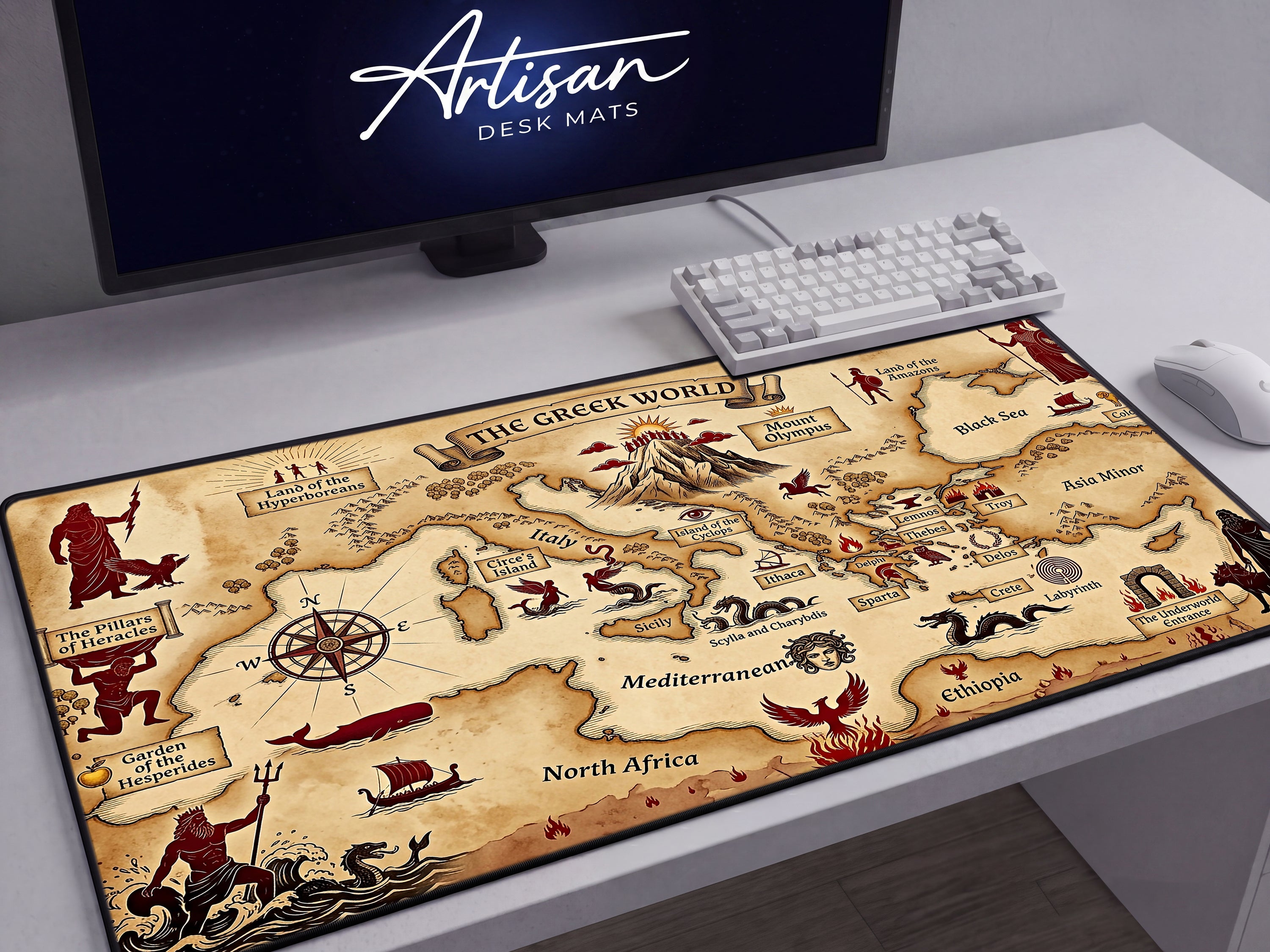 Greek Mythology Map Desk Mat, Ancient World Antique Mousepad, Dark Academia XL