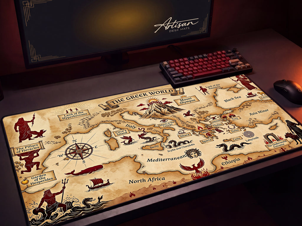 Greek Mythology Map Desk Mat, Ancient World Antique Mousepad, Dark Academia XL