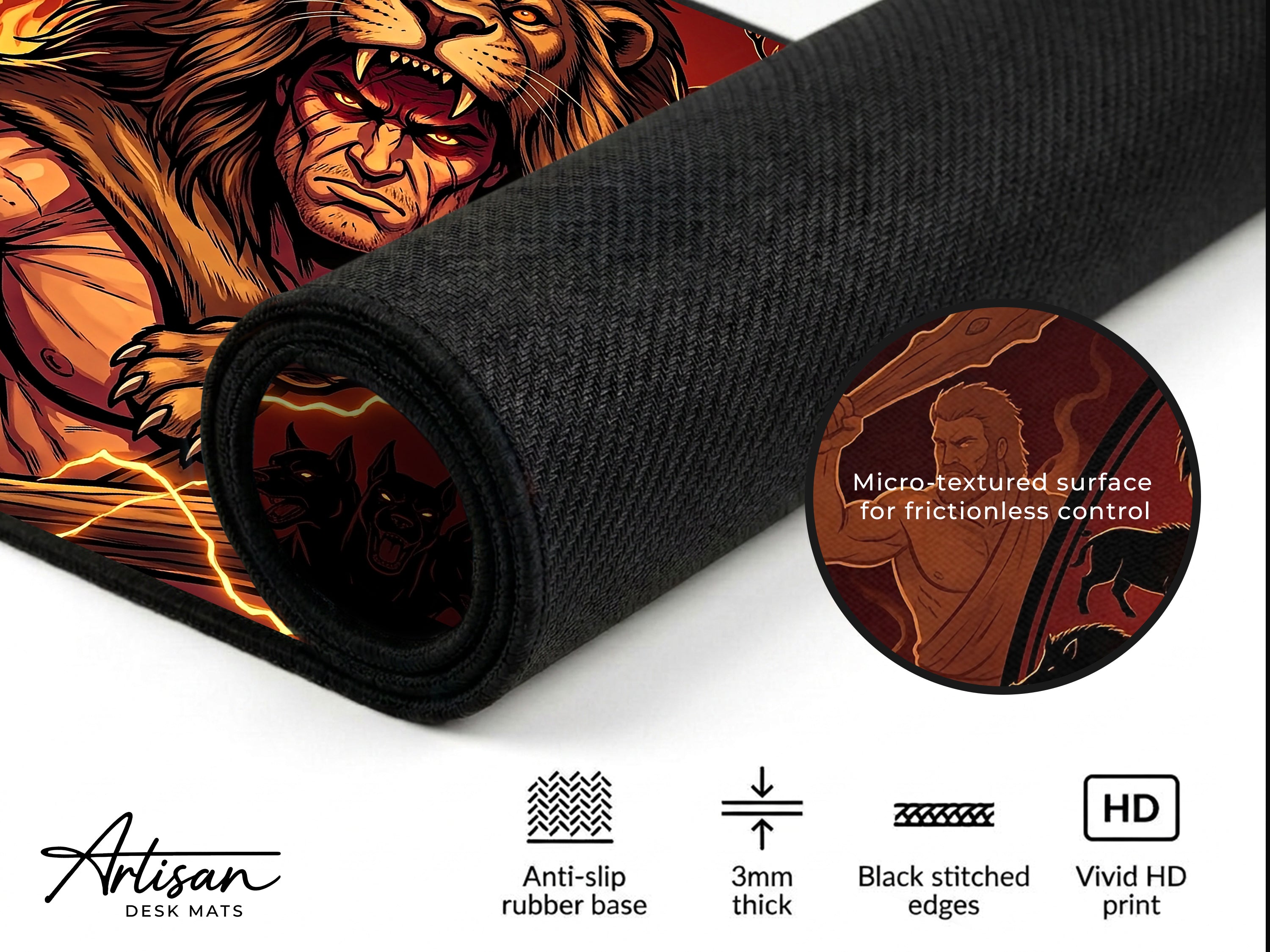 Heracles Desk Mat, Greek Mythology Gaming Mousepad, XL Neoprene Dark Fantasy God of Strength