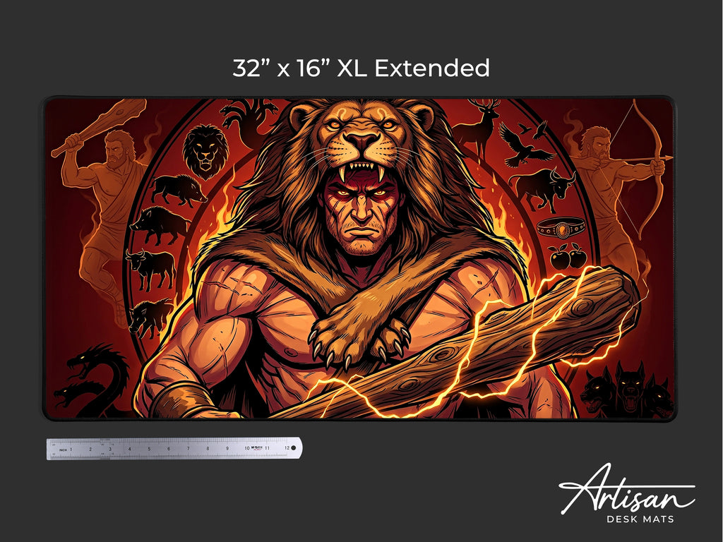 Heracles Desk Mat, Greek Mythology Gaming Mousepad, XL Neoprene Dark Fantasy God of Strength