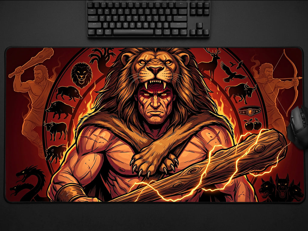 Heracles Desk Mat, Greek Mythology Gaming Mousepad, XL Neoprene Dark Fantasy God of Strength