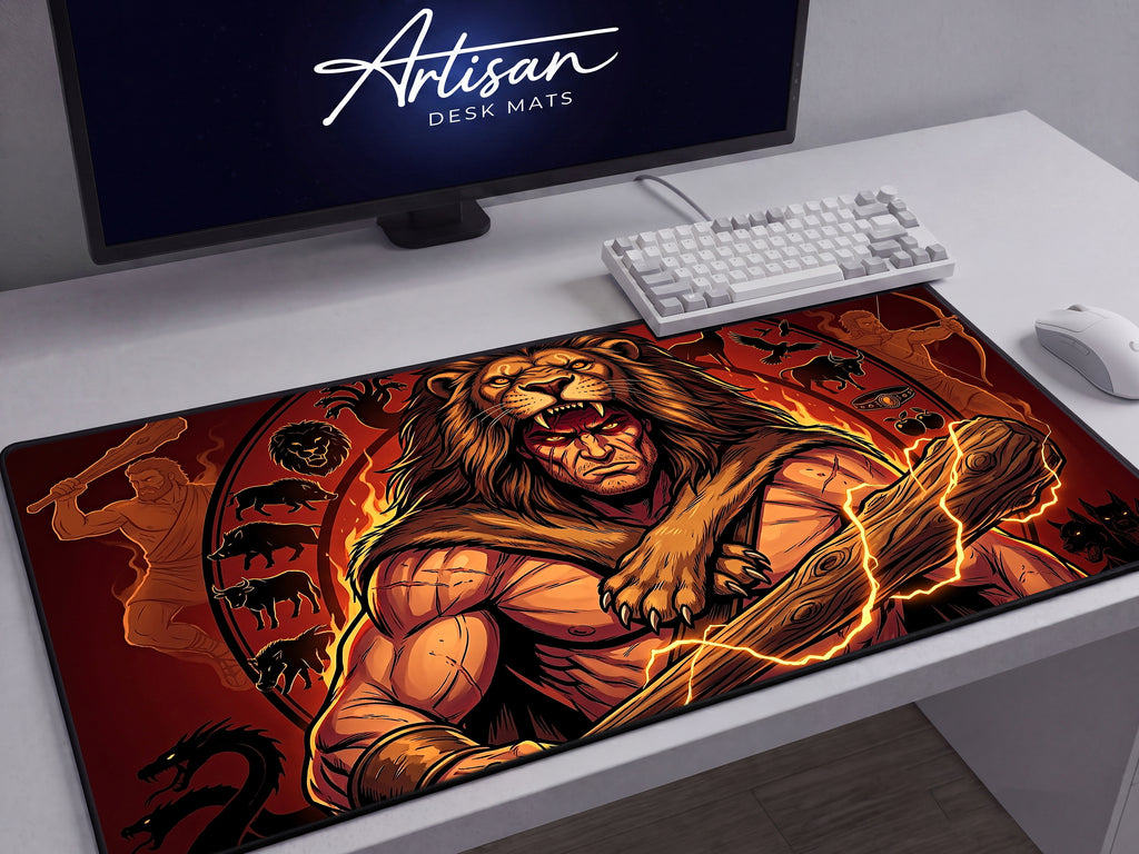 Heracles Desk Mat, Greek Mythology Gaming Mousepad, XL Neoprene Dark Fantasy God of Strength