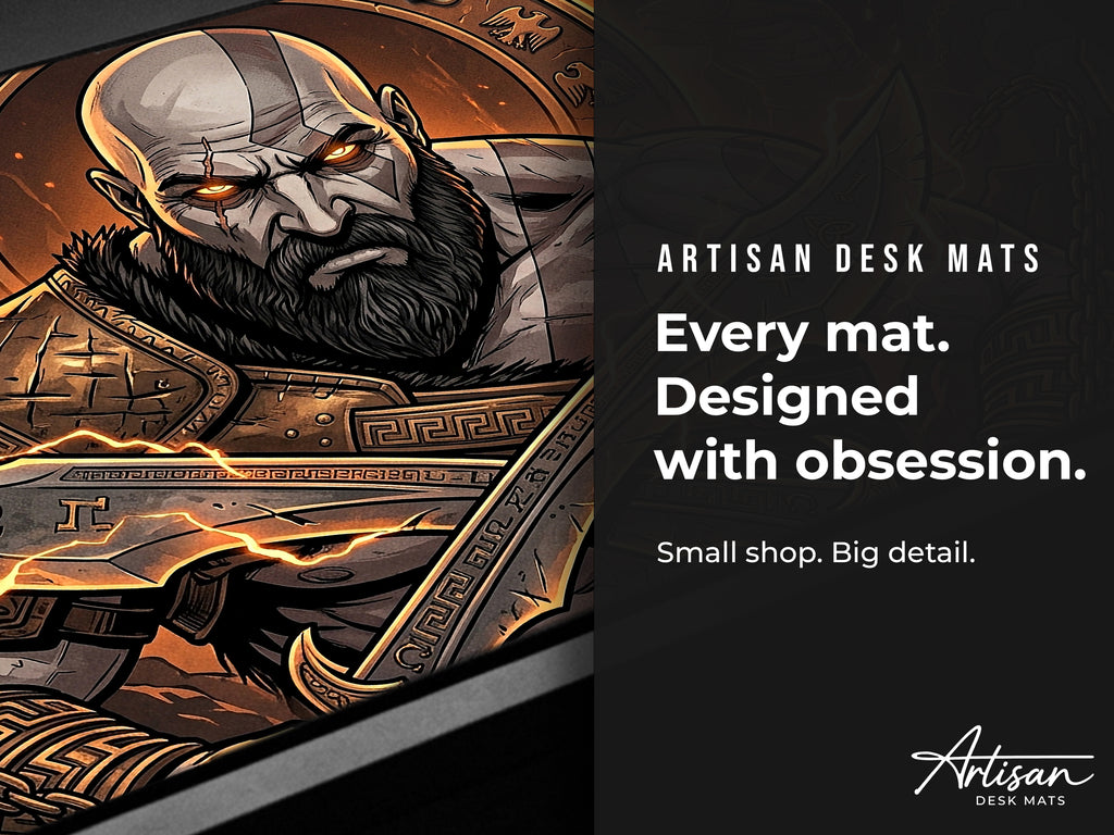 Kratos Desk Mat, Greek Mythology Gaming Mousepad, XL Neoprene Dark Fantasy God of Strength