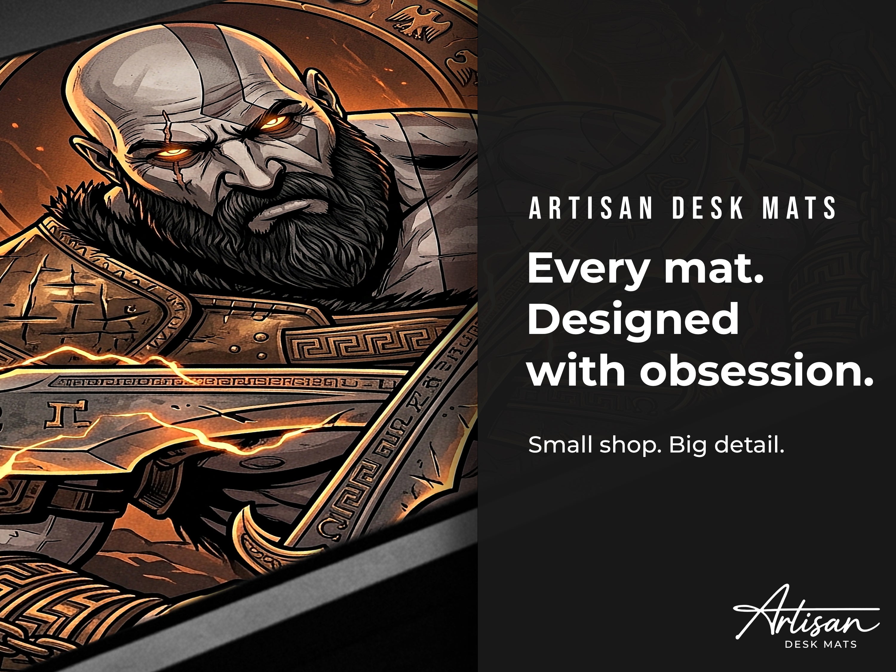 Kratos Desk Mat, Greek Mythology Gaming Mousepad, XL Neoprene Dark Fantasy God of Strength