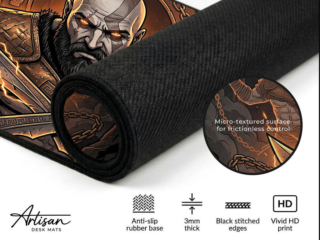 Kratos Desk Mat, Greek Mythology Gaming Mousepad, XL Neoprene Dark Fantasy God of Strength