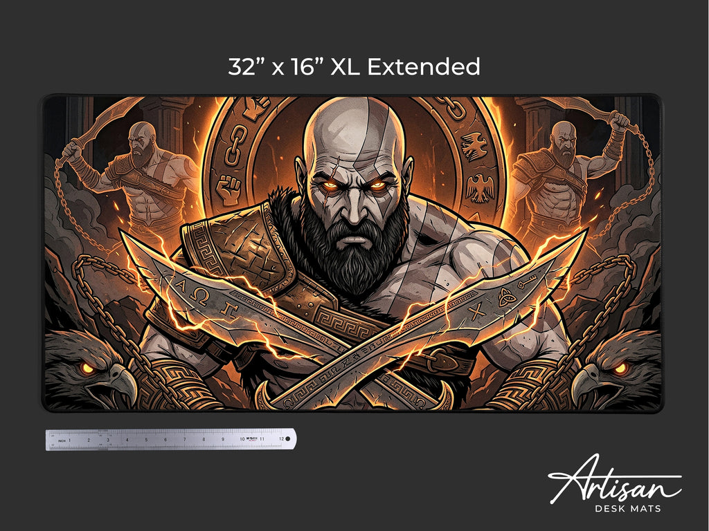 Kratos Desk Mat, Greek Mythology Gaming Mousepad, XL Neoprene Dark Fantasy God of Strength