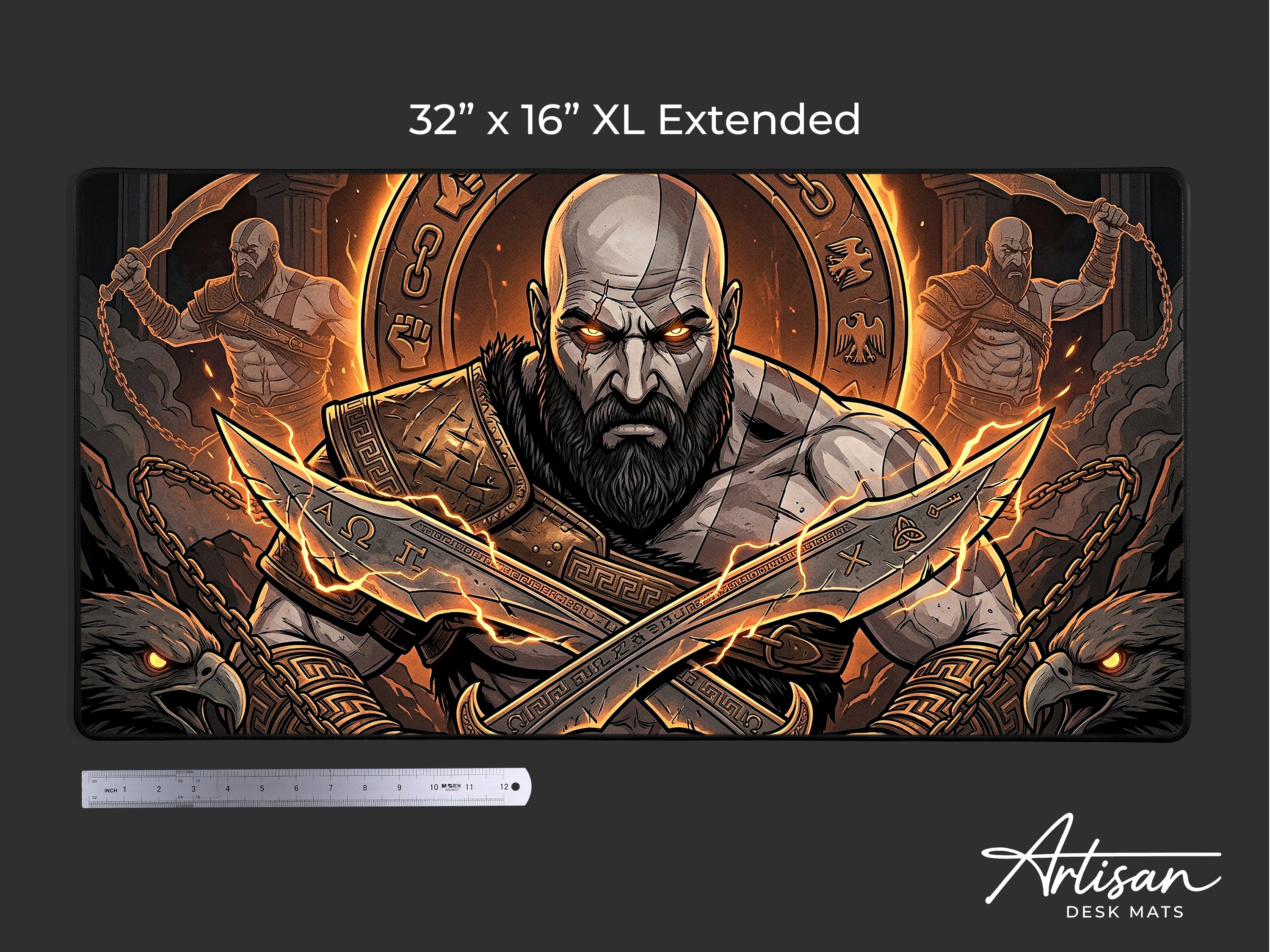 Kratos Desk Mat, Greek Mythology Gaming Mousepad, XL Neoprene Dark Fantasy God of Strength