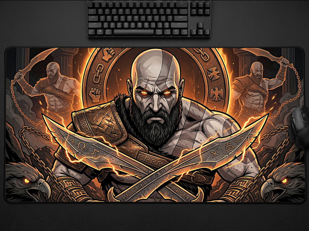 Kratos Desk Mat, Greek Mythology Gaming Mousepad, XL Neoprene Dark Fantasy God of Strength