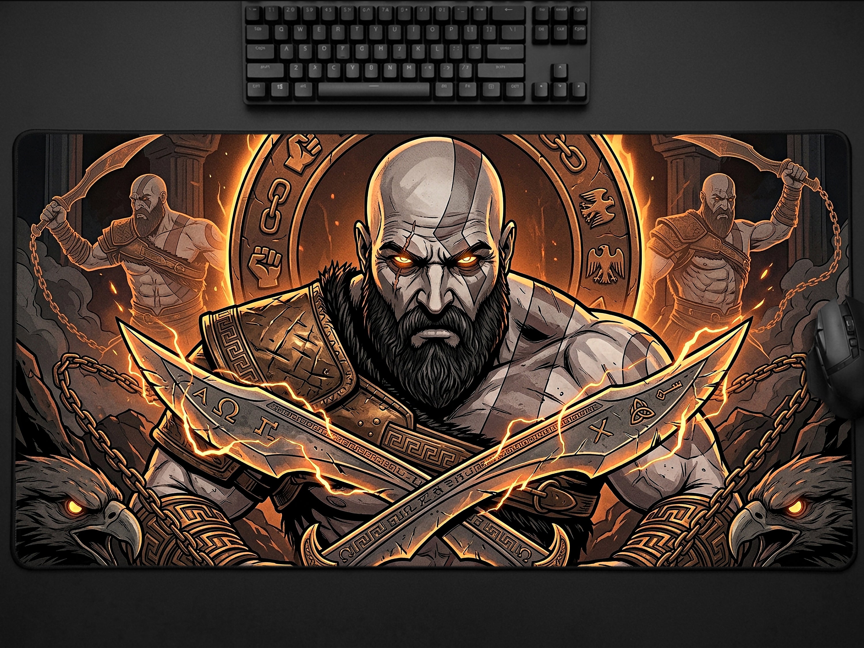 Kratos Desk Mat, Greek Mythology Gaming Mousepad, XL Neoprene Dark Fantasy God of Strength