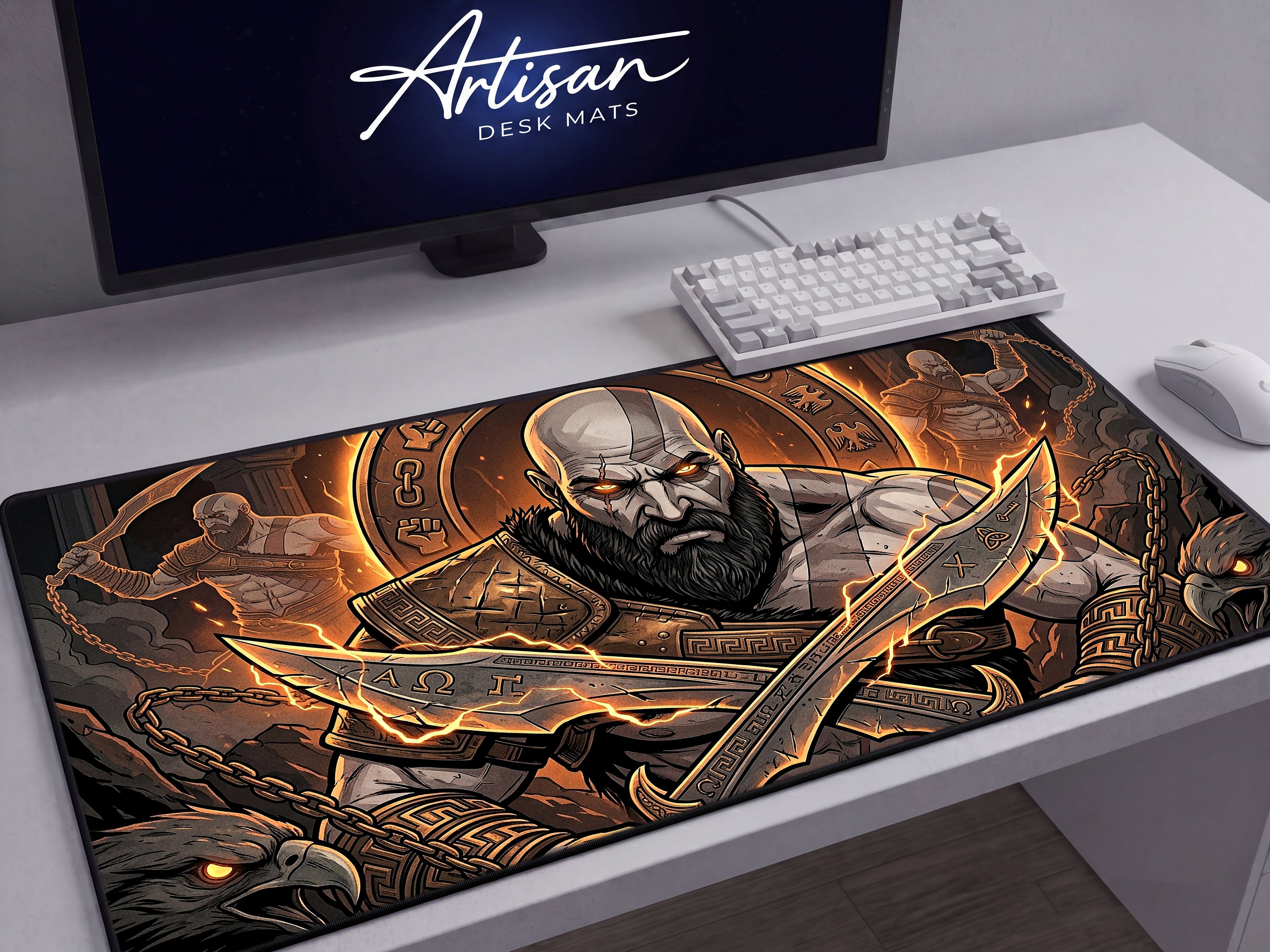 Kratos Desk Mat, Greek Mythology Gaming Mousepad, XL Neoprene Dark Fantasy God of Strength