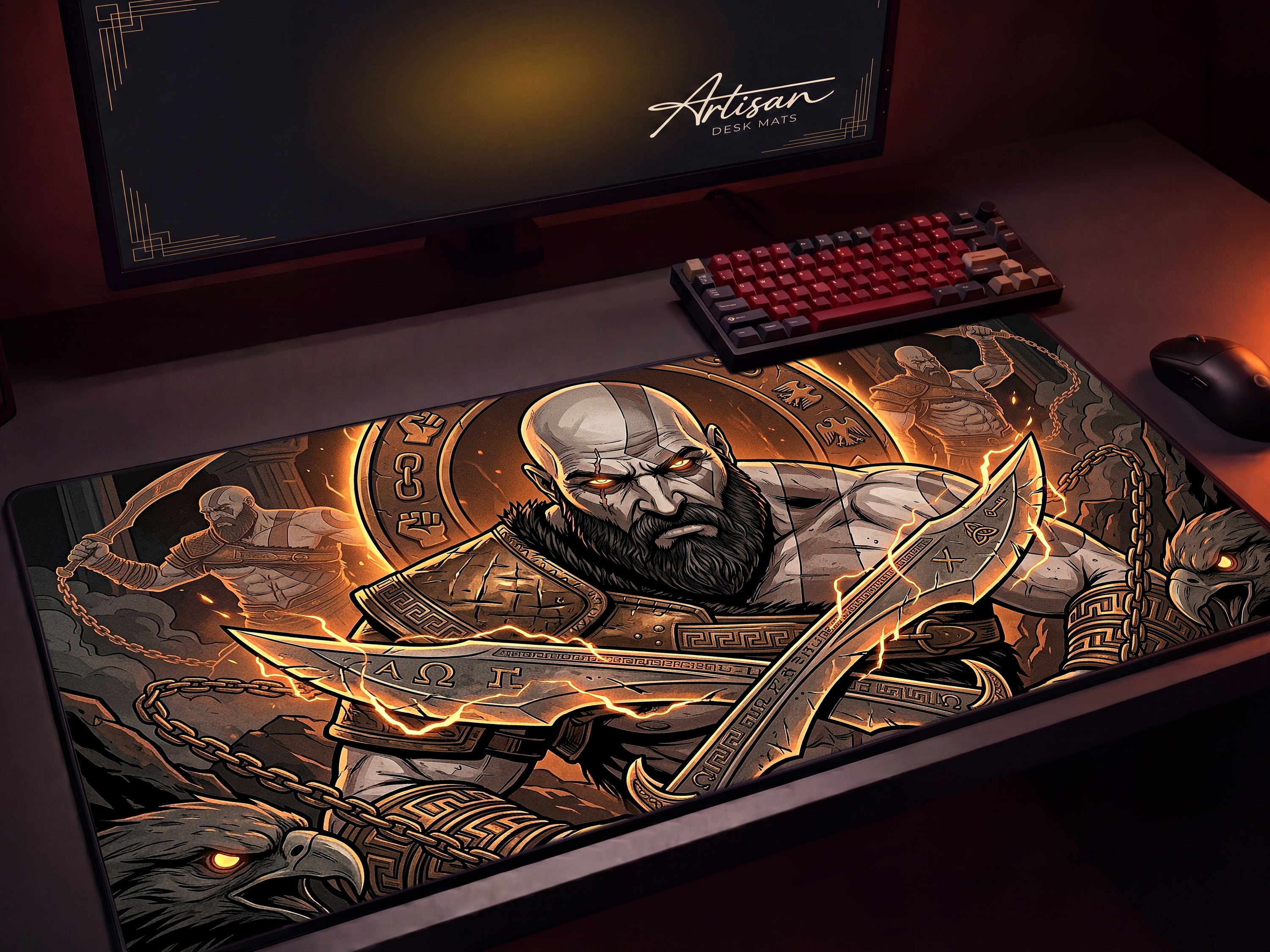 Kratos Desk Mat, Greek Mythology Gaming Mousepad, XL Neoprene Dark Fantasy God of Strength