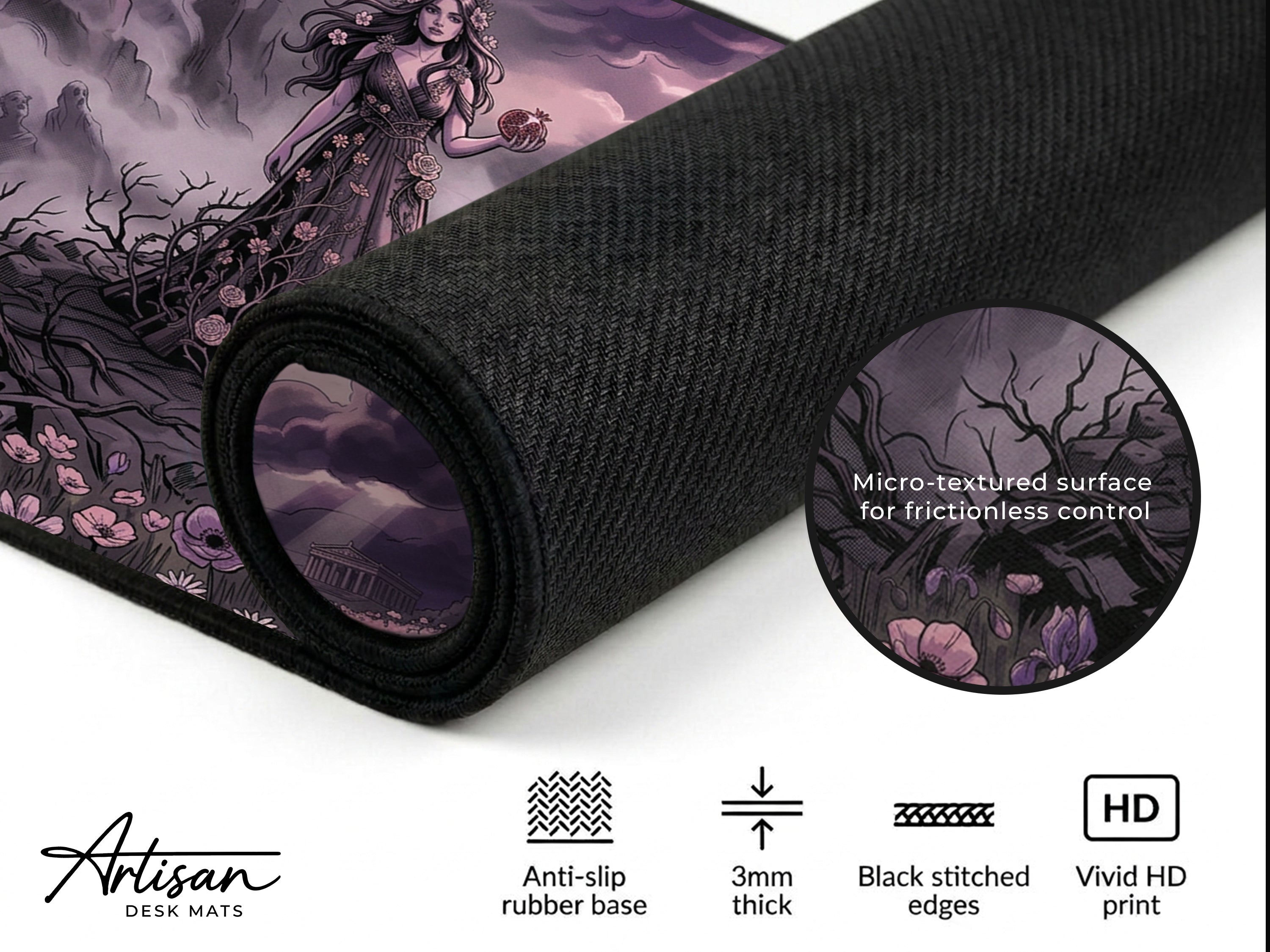 Persephone Desk Mat for Dark Romance Aesthetic, Greek Goddess of Spring Mousepad, Mythology Desk Accessory and Floral Gothic Gift for Her