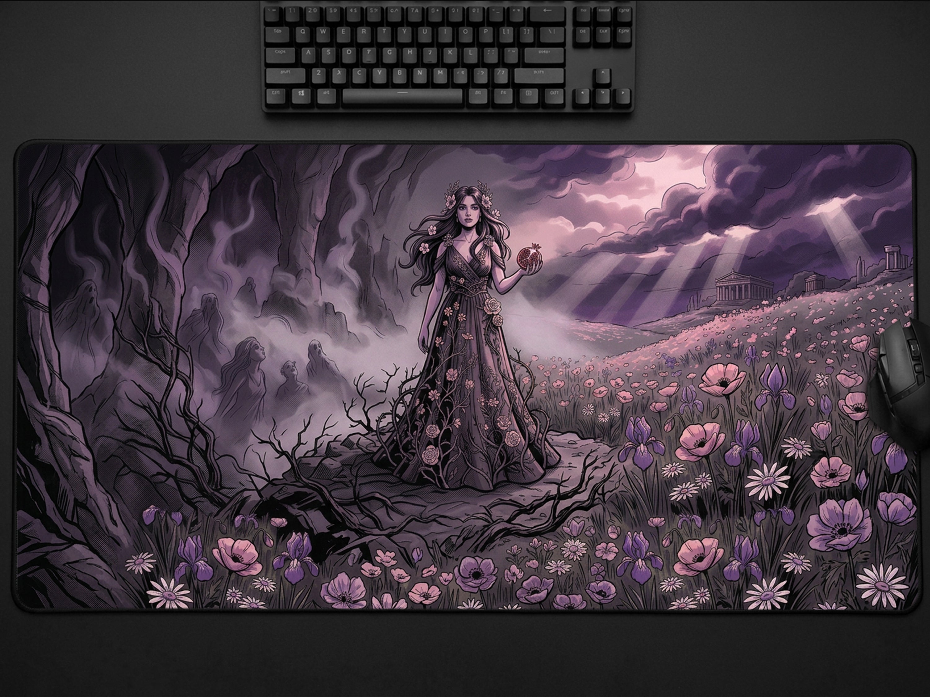 Persephone Desk Mat for Dark Romance Aesthetic, Greek Goddess of Spring Mousepad, Mythology Desk Accessory and Floral Gothic Gift for Her