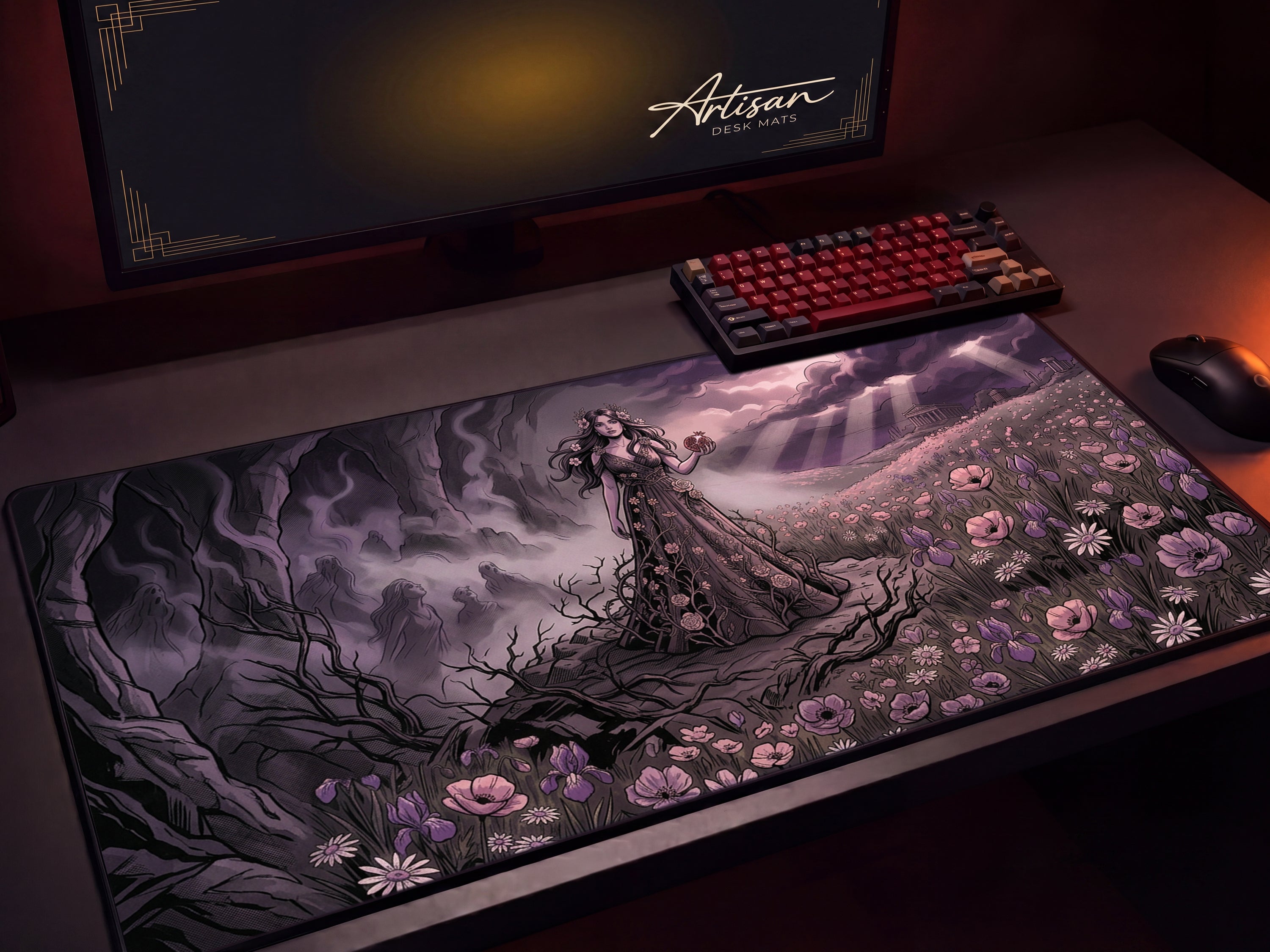Persephone Desk Mat for Dark Romance Aesthetic, Greek Goddess of Spring Mousepad, Mythology Desk Accessory and Floral Gothic Gift for Her